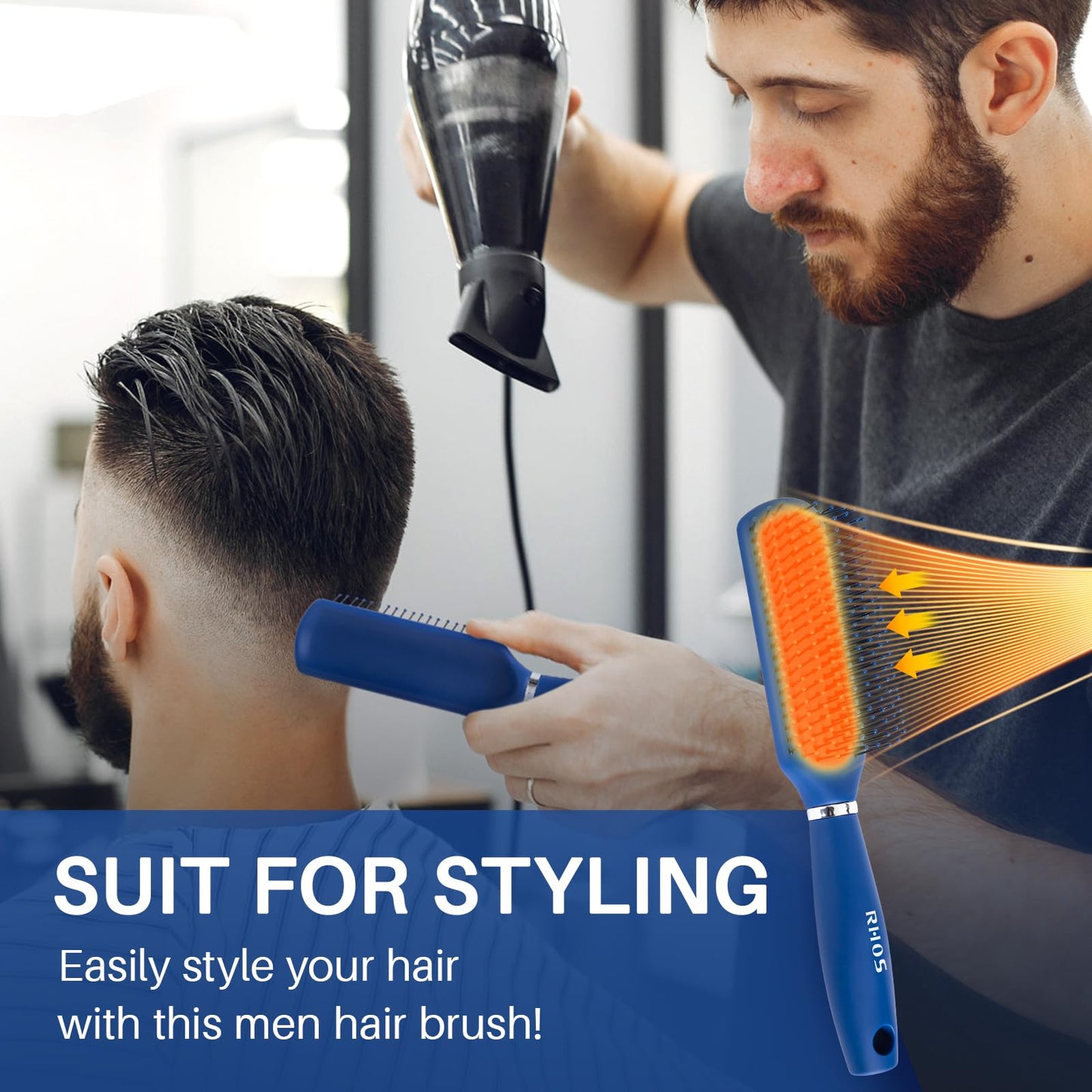 RHOS Hair Brush for Men - Detangler Styling Brush with Nylon Bristles for Wet and Dry Hair, Suitable for Bangs, Thin, Short, and Thick Hair