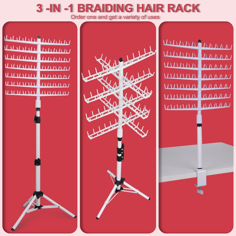 poipoilu Height Adjustable Braiding Hair Rack 168 pegs, Dual-use Braid rack with Clamp (White)