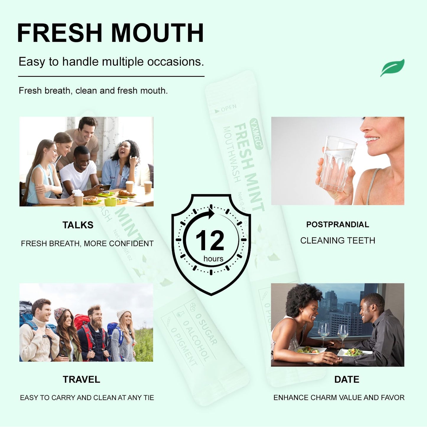 YXMGC Travel Size Mouthwash Packets – Portable, Fresh Breath Anytime, Eliminates Bad Breath, Sugar-Free, Alcohol-Free, 20 Pack × 0.4 Fl Oz