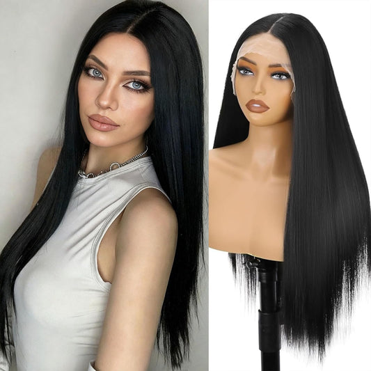 SUKRI Lace Front Wigs for Women Long Straight Synthetic Lace Front 26 Inch Heat Resistant Hair for Daily,Party,Cosplay((1B,T-part Lace)