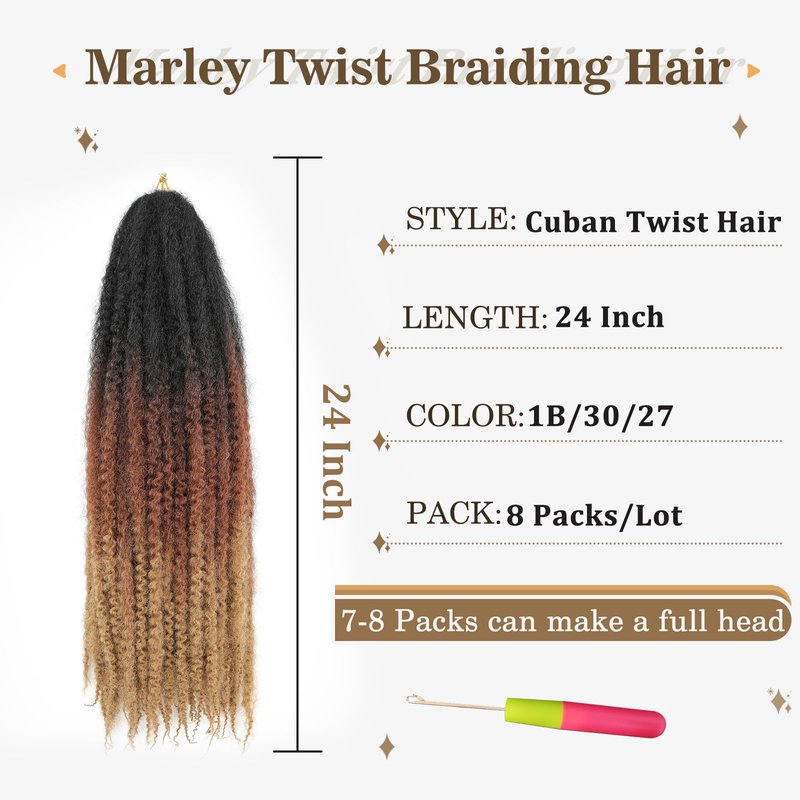 Marley Twist Braiding Hair 24 Inch Marley Twist Hair Ombre Cuban Twist Hair 8 Packs Afro Kinky Curly Twist Crochet Hair Long Marley Hair Extension (24 Inch, 1B/30/27)