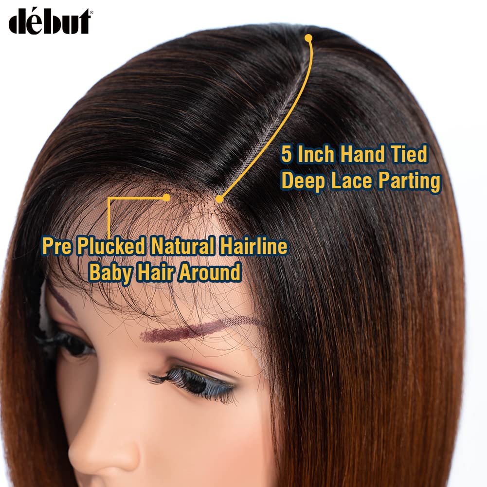 DÉBUT Asymmetrical Bob Wigs Ear to Ear Lace Front with Baby Hair Short Bob Simulated Scalp Lace Wig for Women Heat Resistant Fiber Synthetic Hair Side Parting Wig Highlight Ombre Brown Color