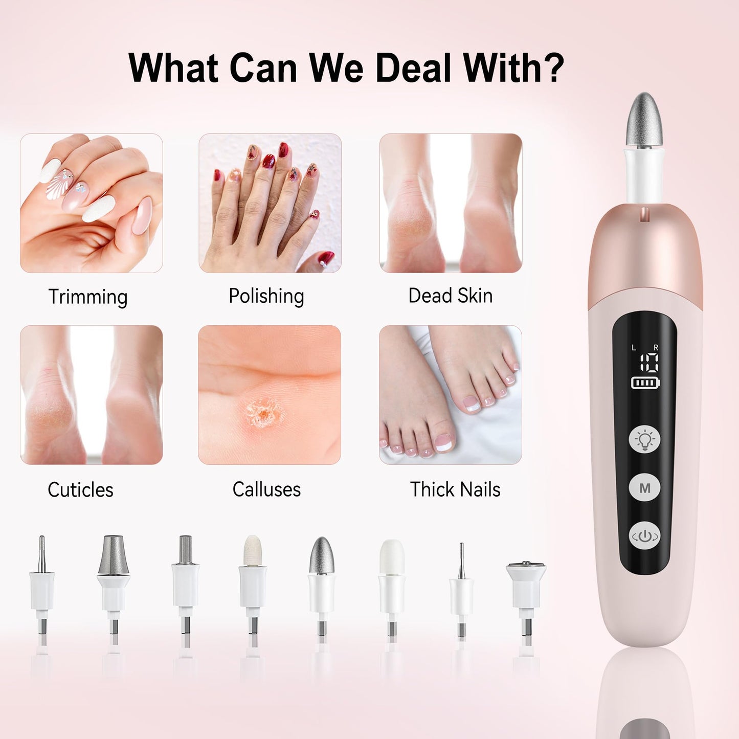 Atopskins Electric Nail Drill Cordless Nail File Professional Manicure Pedicure Kit, 9 in 1 Hand Foot Rechargeable Care Tool, 10 Speeds Electric Nail File Grinder for Thick Toenail Trim Polish Pink