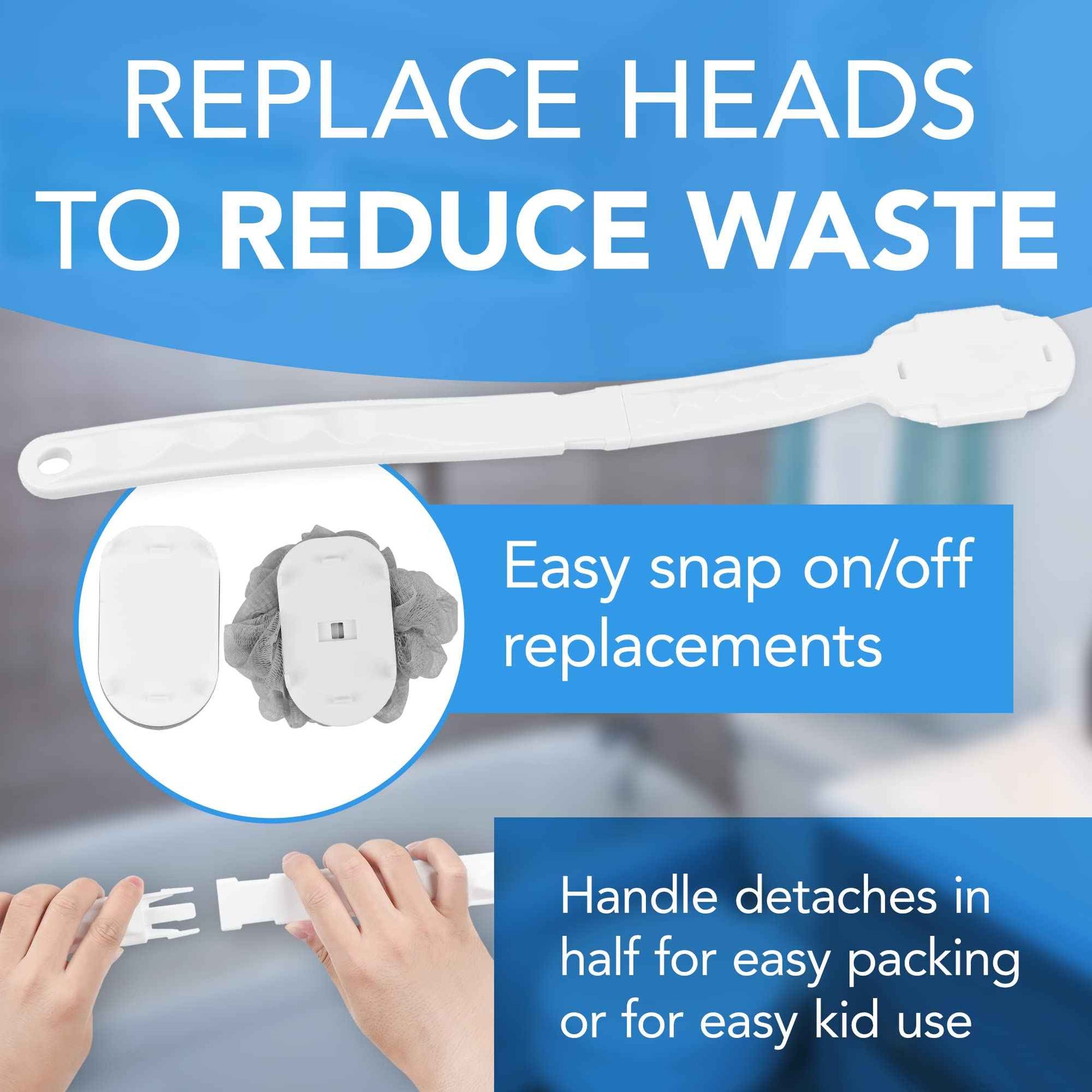 Impresa Extra Long Handle Shower Brush - Dual-Action Loofah & Exfoliating Sponge Body Scrubber - Ergonomic Grip Back Scrub Brush - Replacement Loofah & Sponge Heads - Pack of 2, White