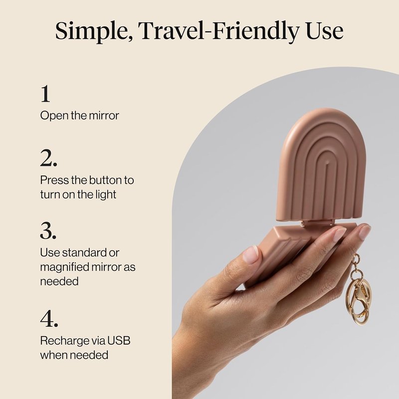 Compact Mirror Keychain - Lighted Travel Makeup Mirror with Dual Magnification | USB-Rechargeable, Terracotta