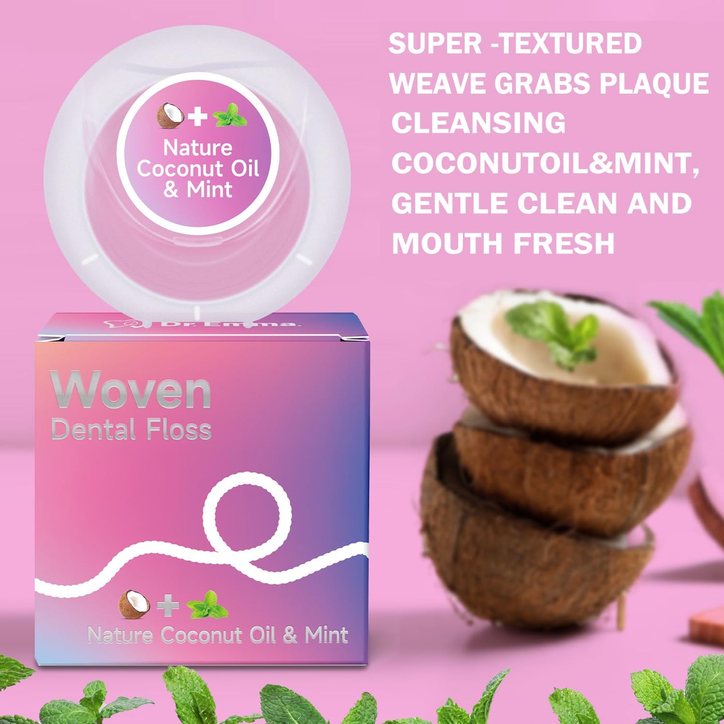 Dr. Emma Woven Dental Floss Coconut Oil Infused Expanding Dental Floss, Oral Care Stretchable Floss, Mint 33yd Pink, Pack of 4