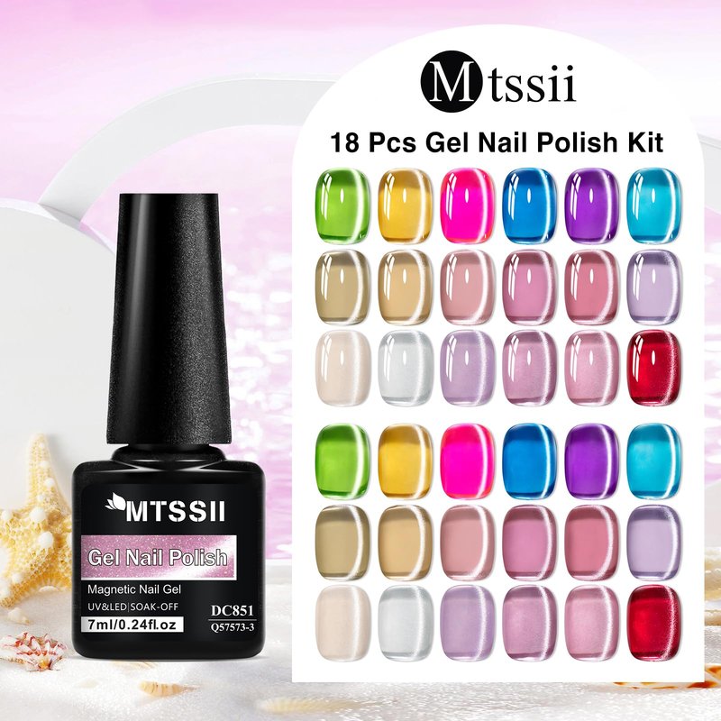 MTSSII Jelly Cat Eye Gel Nail Polish Set 18PCS, Neon Moonlight Glass Crystal Magnetic Gel Polish Pink Purple Red Blue Yellow Colors Nail Polish with Magnet Soak Off UV Art Gift for Women Girls