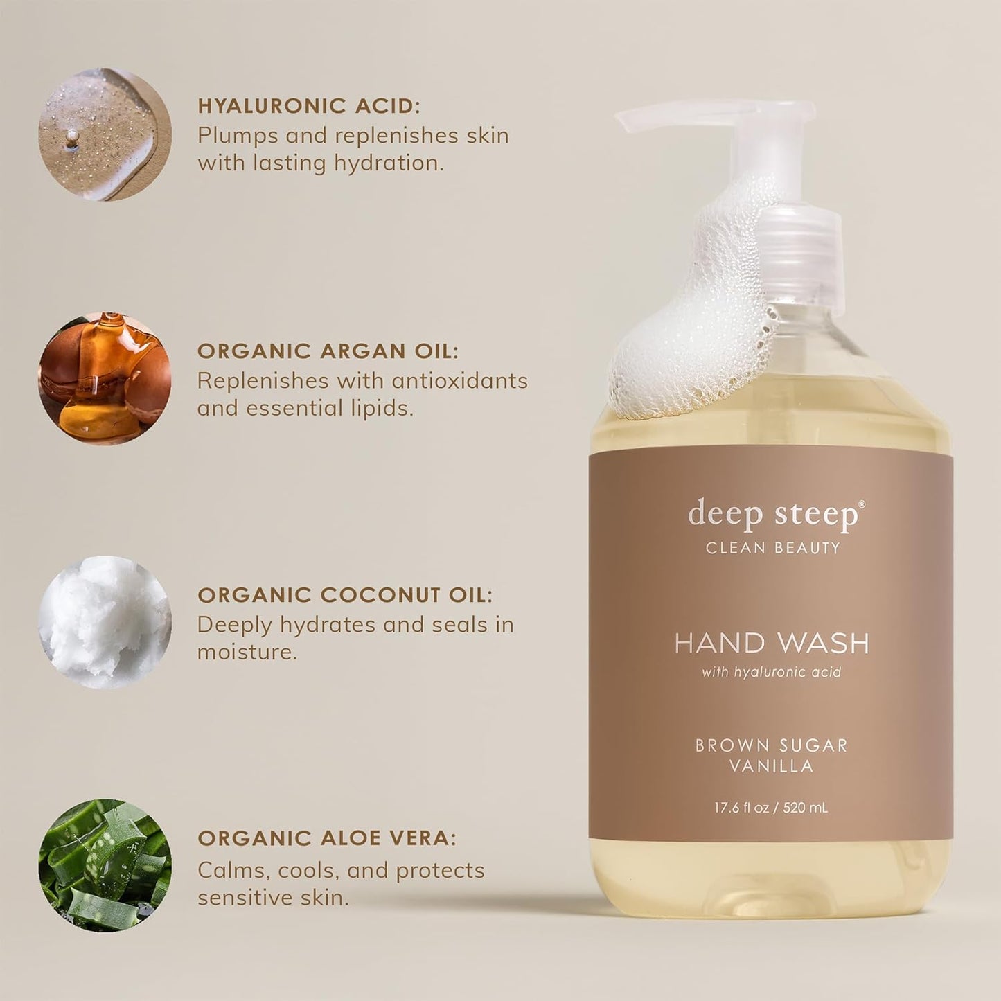 Deep Steep Liquid Hand Wash - Brown Sugar Vanilla Moisturizing Cleanser with Olive Oil & Aloe Vera | 17.6 oz