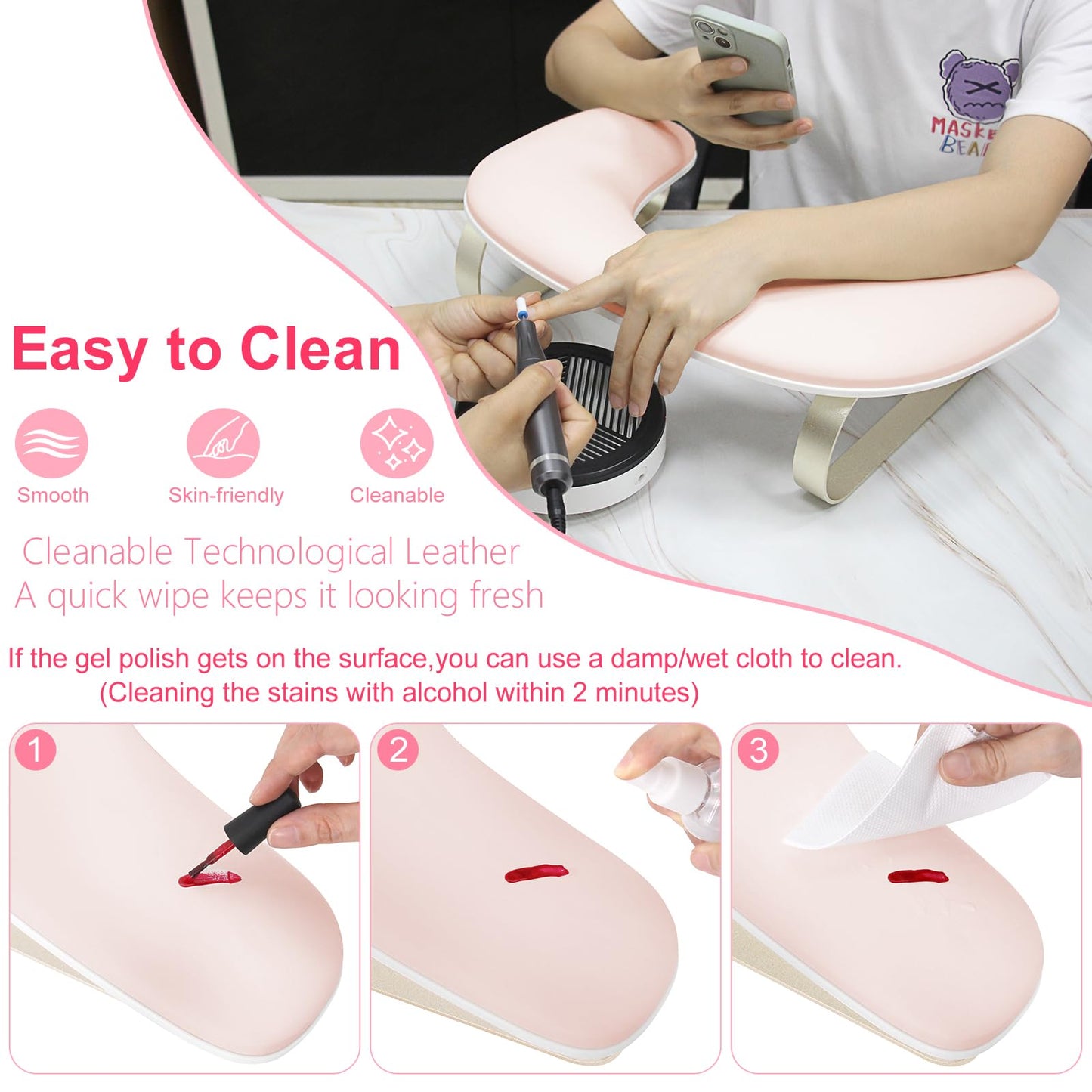 Manicure Arm Rest,U Shaped Nail Hand Rest Pillow with Gold Aluminum Bracket, Cleanable PU Leather Nail Arm Rest Stand for Nail Tech Salon Home Use (Pink)