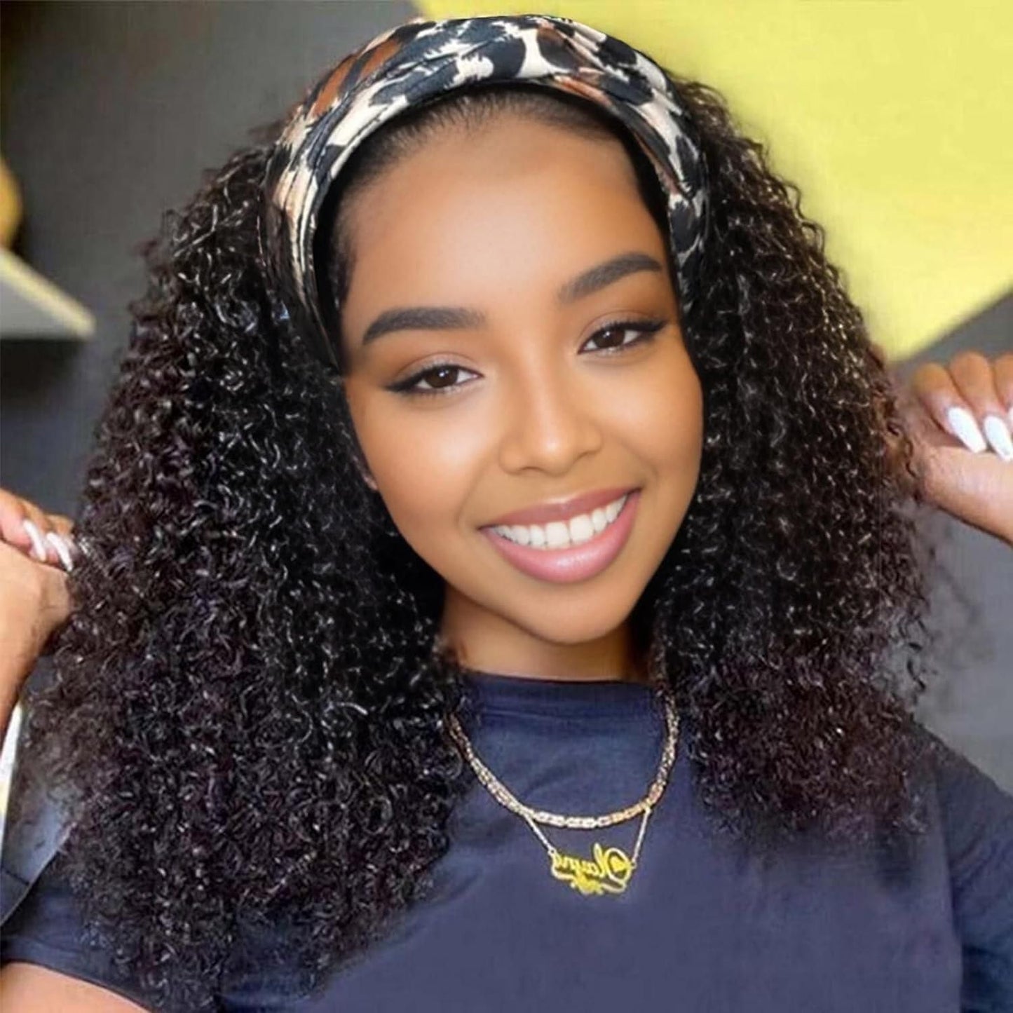 Urbeauty Short Kinky Curly Headband Wigs for Black Women Pink Mango Human Hair Soft Feeling Protein Silk Synthetic Hair Soft Lightweight Glueless Quick Install, Beginner Friendly Daily & Flip Over Wig