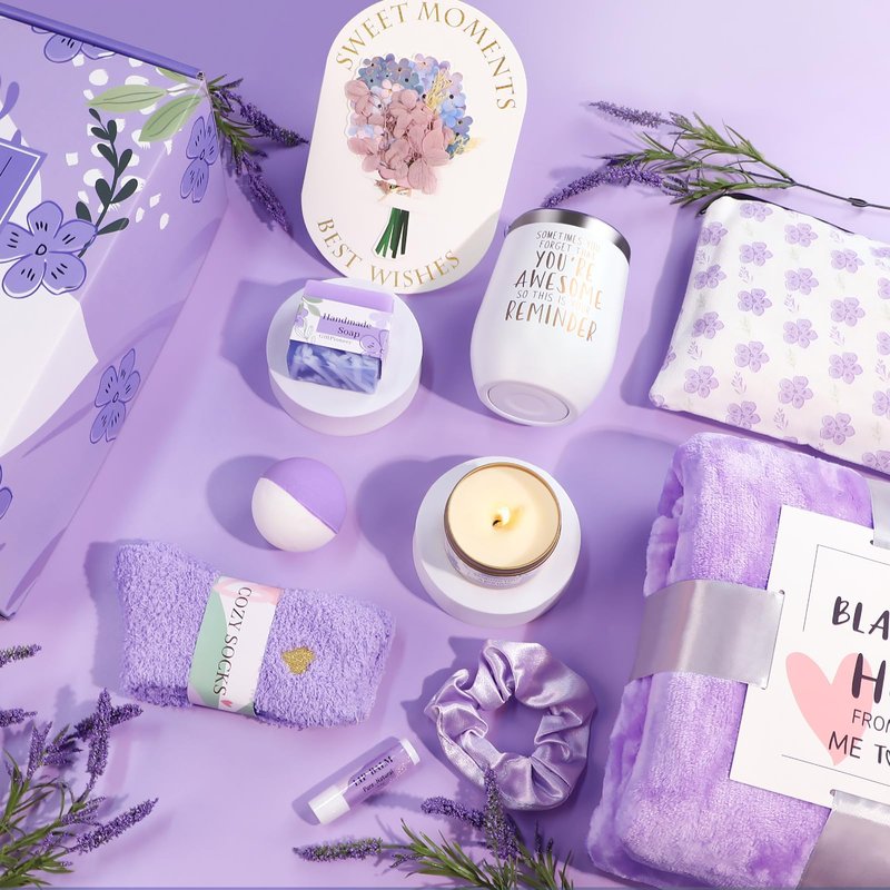 Birthday Gifts for Women, Self Care Gifts for Women, Relaxing Spa Gifts Basket Care Package w/Flannel Blanket, Mothers Day Gifts for Mom Her Best Friend Grandma Sister Wife (Purple)
