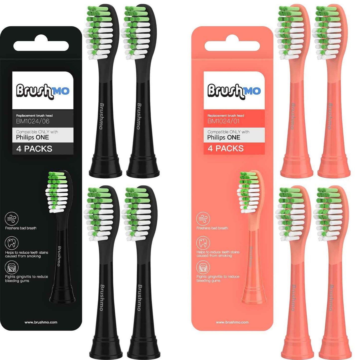 Brushmo Compatible with Philips One for Sonicare Replacement Toothbrush Heads, for HY1100 Brush Head (Shadow Black) 4 Pack + (Miami Coral) 4 Pack