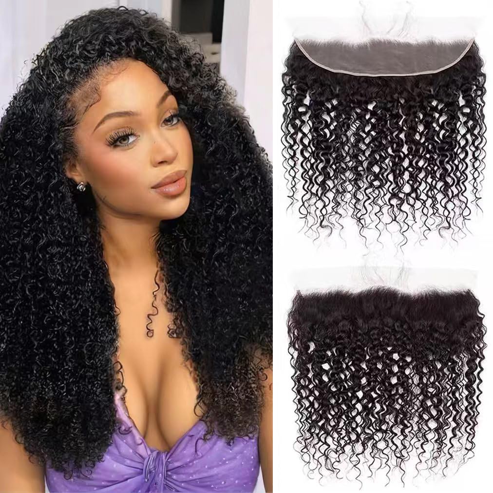13x4 Lace Frontal Closure Kinky Curly Human Hair Ear to Ear Frontal HD Lace Pre Plucked 16 Inch Free Part Brazilian Hair Extensions 150% Density Natural Black
