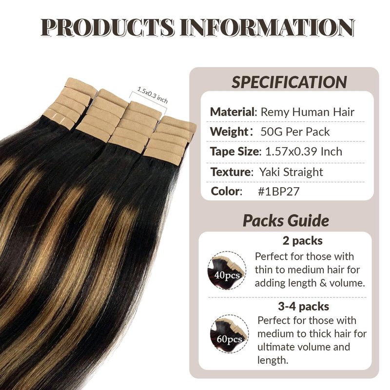 Tape in Hair Extensions Human Hair Yaki Straight Natural Black Hair Extensions Balayage Caramel Blonde Highlights Real Remyh Human Hair 12 Inch 50g/pack 20pcs Tape Hair Extensions for Black Women
