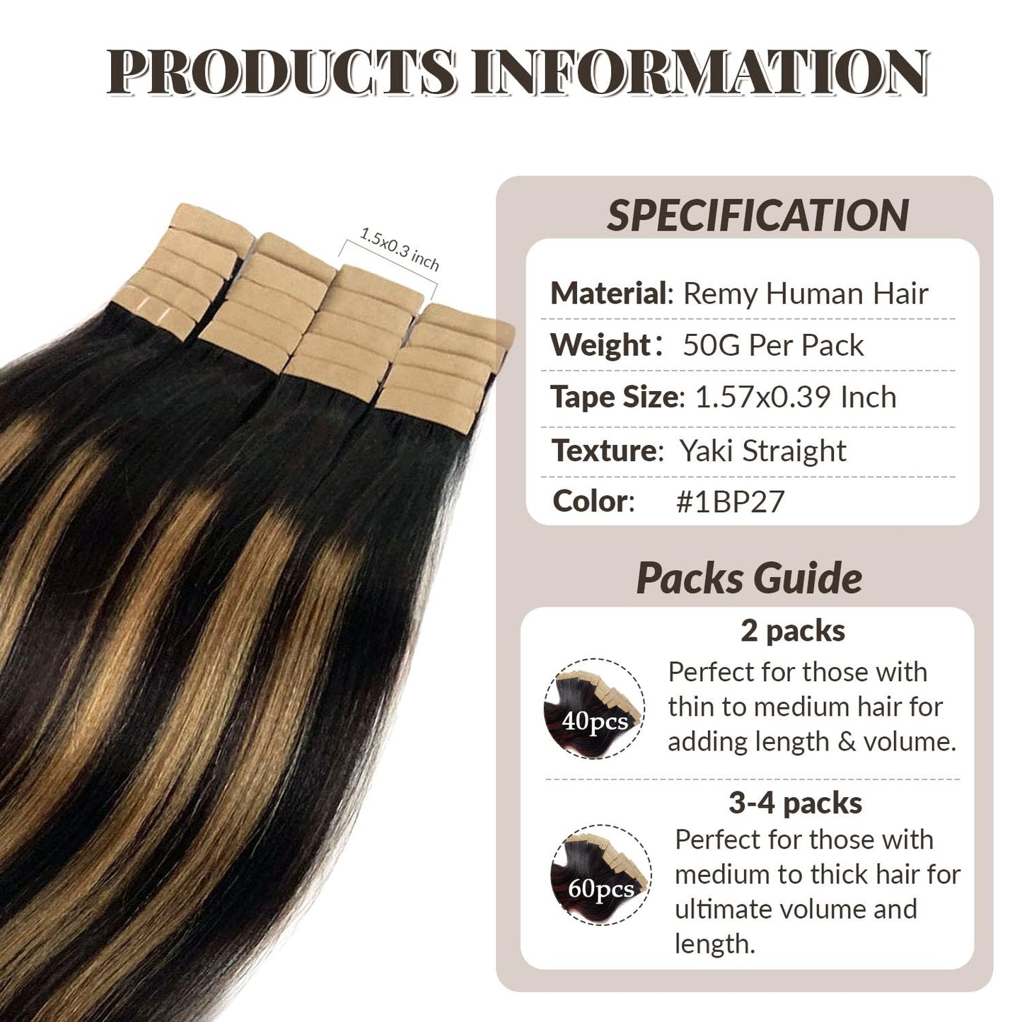 Tape in Hair Extensions Human Hair Yaki Straight Natural Black Hair Extensions Balayage Caramel Blonde Highlights Real Remyh Human Hair 14 Inch 50g/pack 20pcs Tape Hair Extensions for Black Women