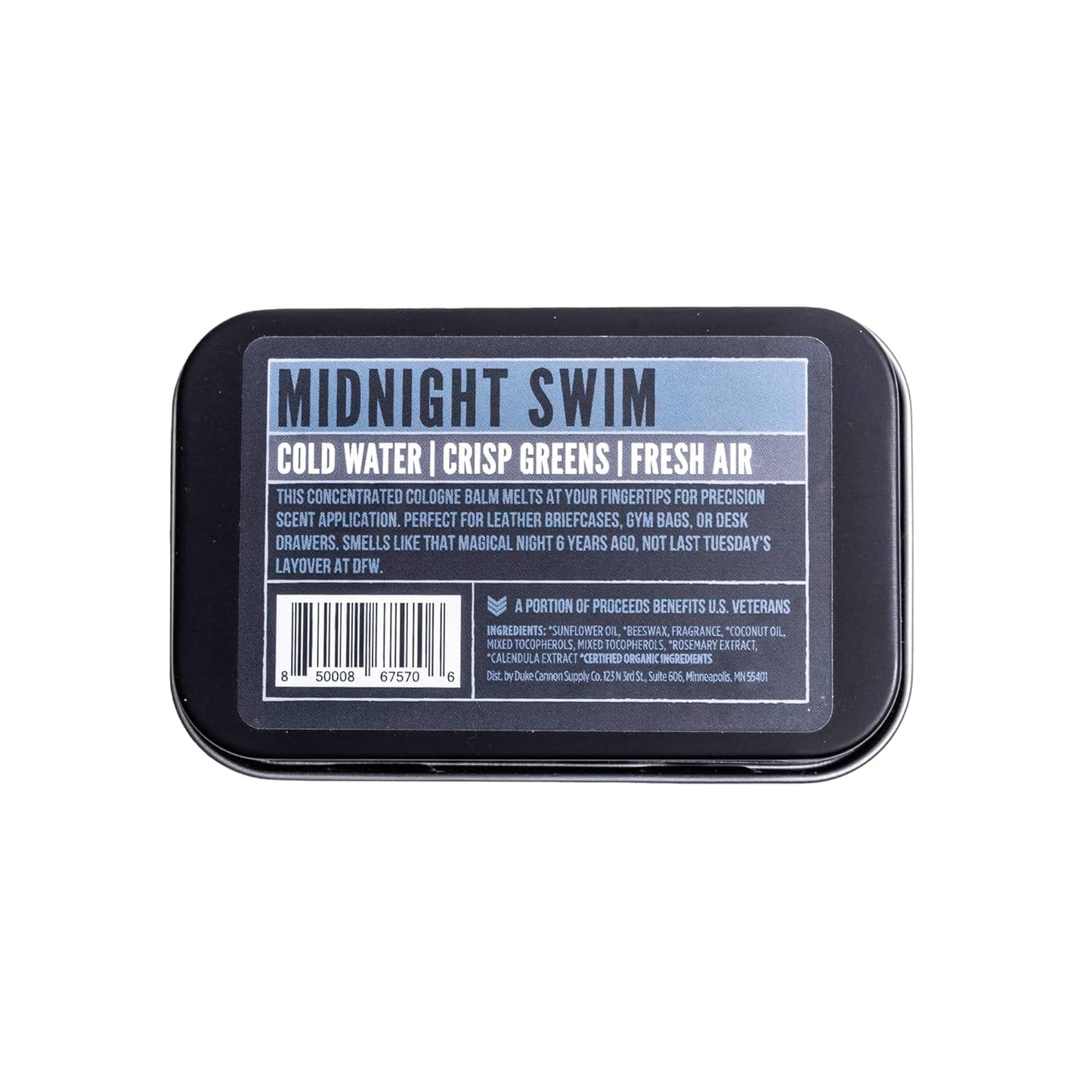 Duke Cannon Supply Co. Solid Cologne for Men Midnight Swim - Cold Water, Crisp Greens, Fresh Air - Concentrated Balm, Coconut Oil, Travel-Friendly Tin, 1.5 oz (1 unit)