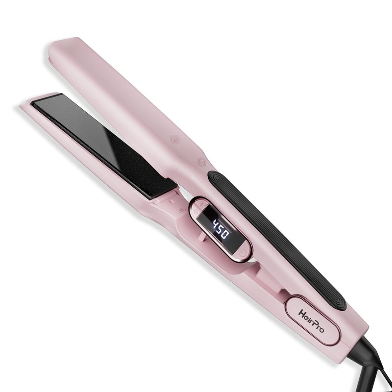 HeirPro Ceramic Flat Iron Hair Straightener with 3D Floating Plate,Hair Iron Straightener with 15 Temps for Thick Hair | Ergonomic Silicone Handle | LCD Display | Dual Voltage (Light Pink)