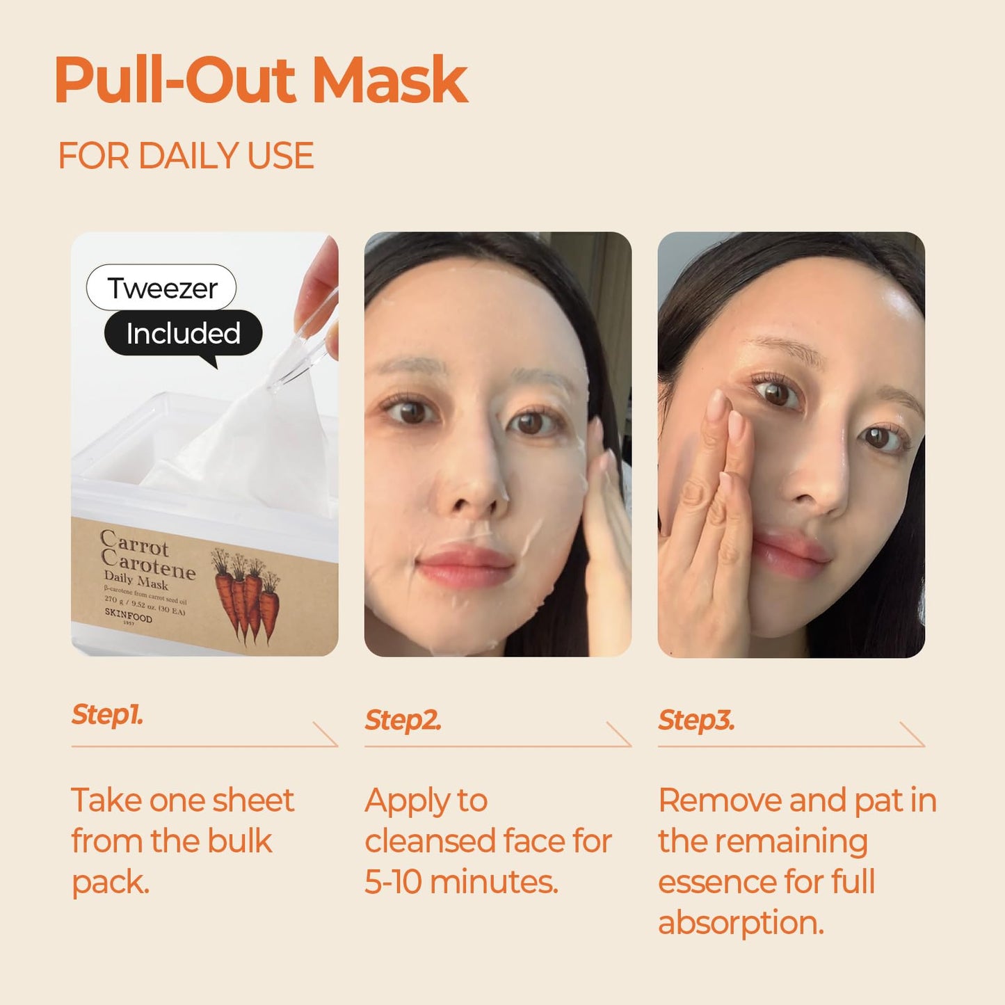 SKINFOOD Carrot Carotene Daily Sheet Mask, Korean Skincare Hack, 5-Minute Quick Hydrating, Soothing & Moisturizing Face Mask for Dry Skin, Glass Skin, Bulk Pack (30EA)