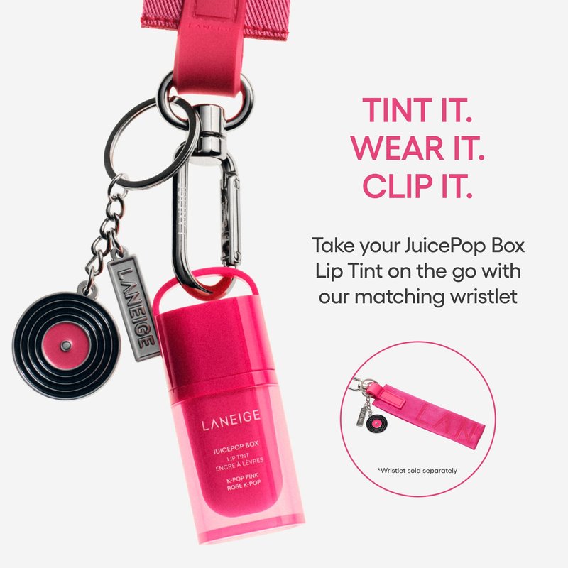 LANEIGE JuicePop Box Lip Tint Wristlet & Keychain | Limited Edition K-Pop Pink Lip Tint Holder with Charms | Clip-On Wristlet for JuicePop Box | On-the-Go Beauty Accessory