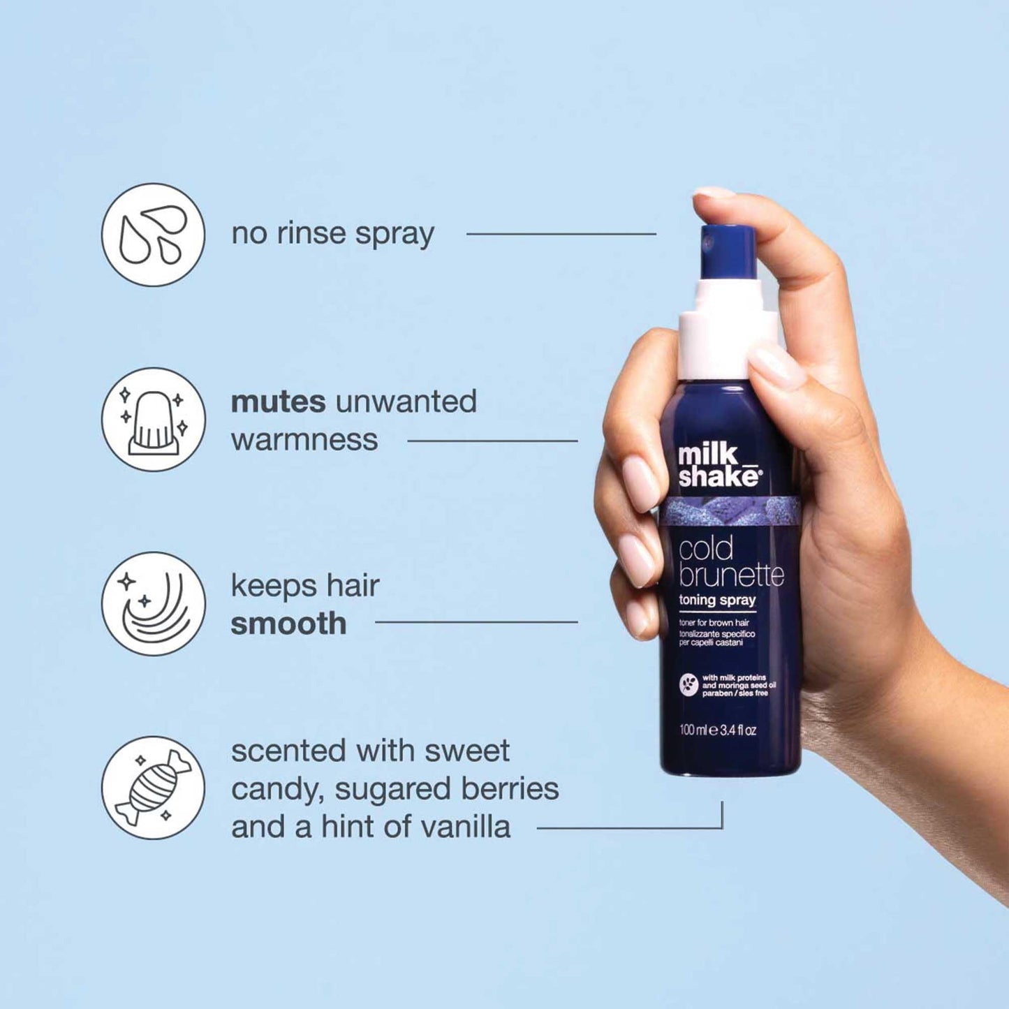 milk_shake Cold Brunette Toning Spray - Brown Hair Blue Pigment Spray | Counteracts Warm Red Orangey Tones | Strengthens and Hydrates | 3.4 fl oz (100 ml)