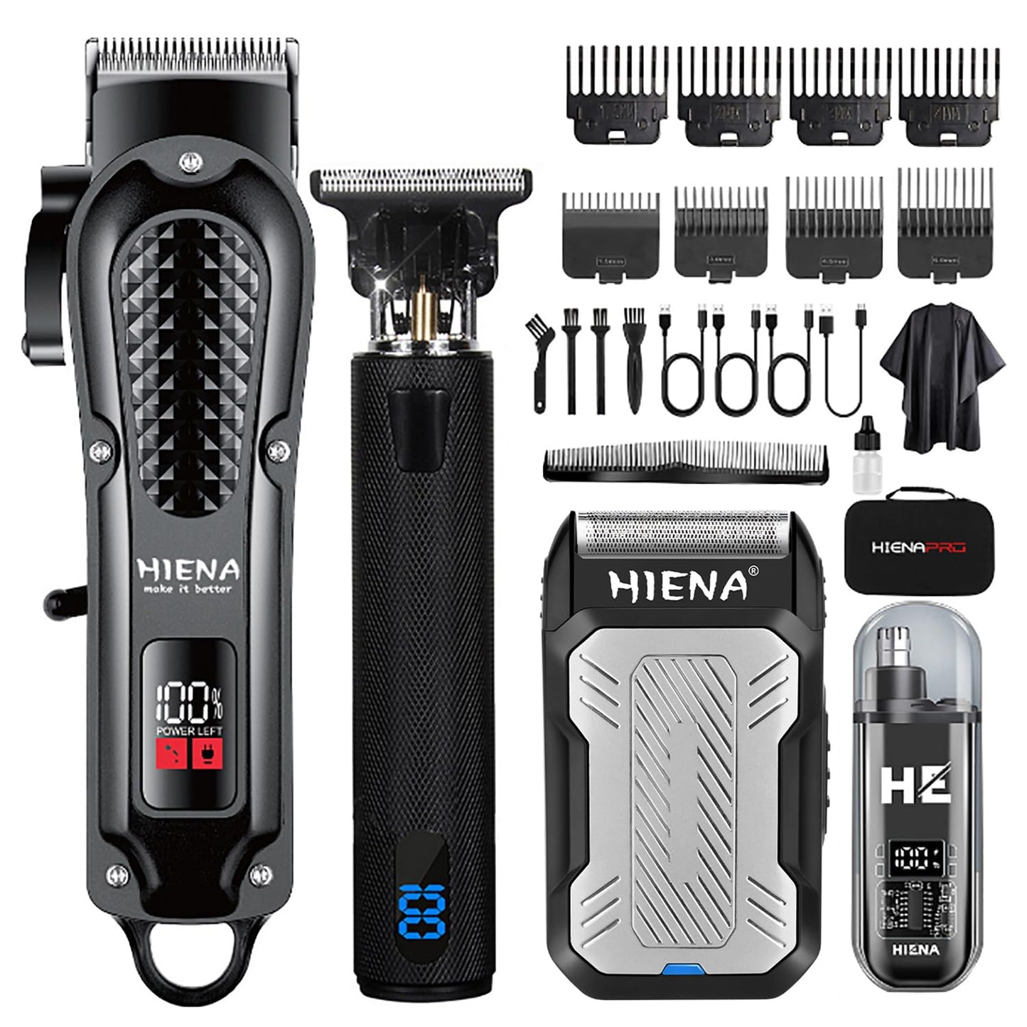 HIENA PRO Professional Cordless Hair Clippers for Men, T-Blade Beard Trimmer & Foil Shaver & Nose Hair Trimmer Set, Barber Clipper Hair Cutting Grooming Kit