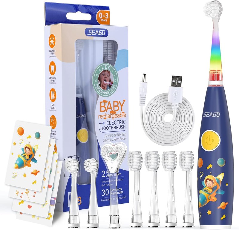 Kids Electric Toothbrush - Rechargeable with Smart Timer & LED Light | Soft Bristles for Ages 2-4 (Blue)