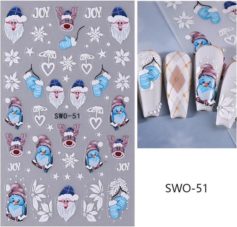 5D Embossed Christmas Nail Art Stickers - Gingerbread, Elk & Santa Designs | 8 Sheets for Holiday DIY Manicure