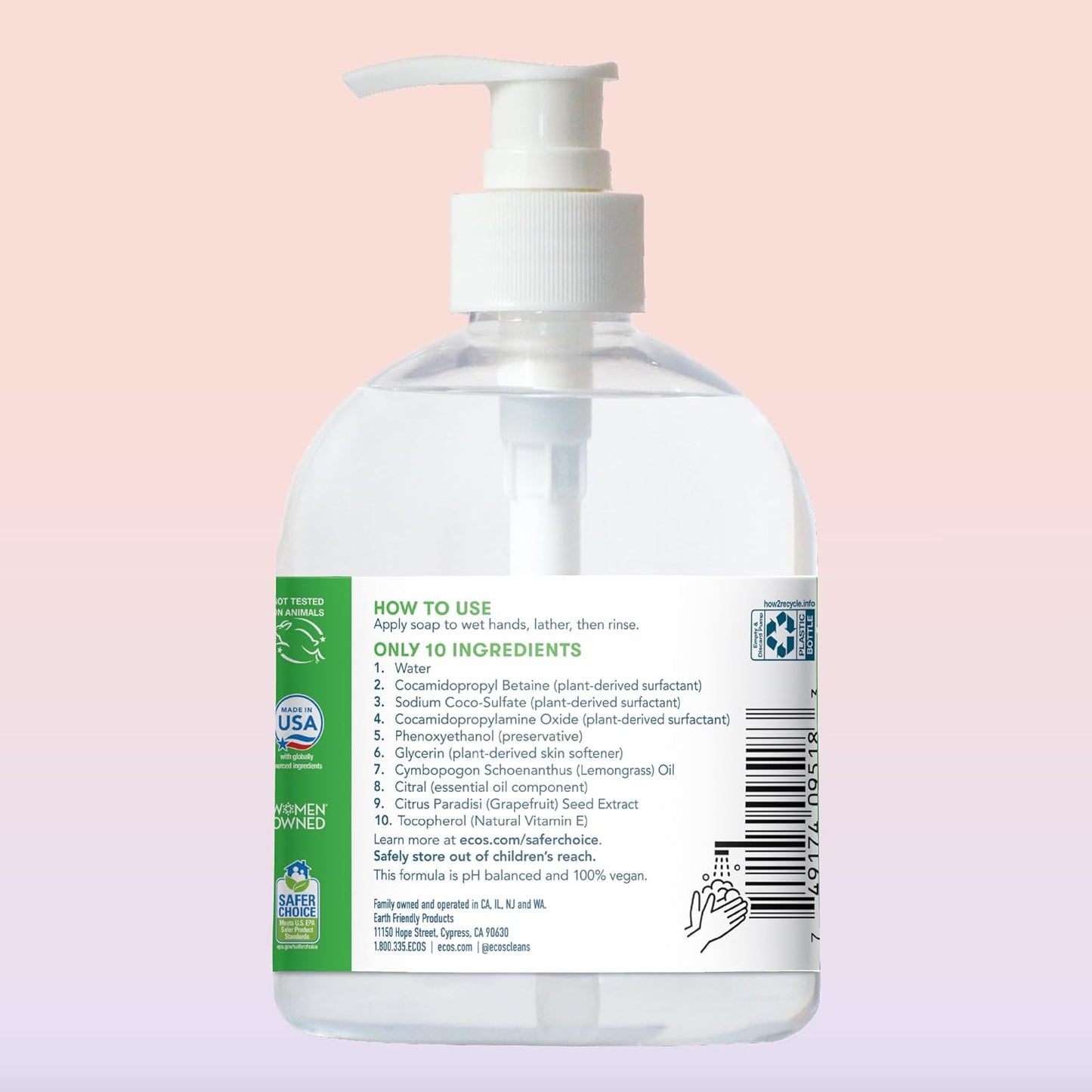 ECOS Hypoallergenic Hand Soap - Plant-Based Formula for Sensitive Skin - Lemongrass Scent | 17 oz Bottle (6-Pack)