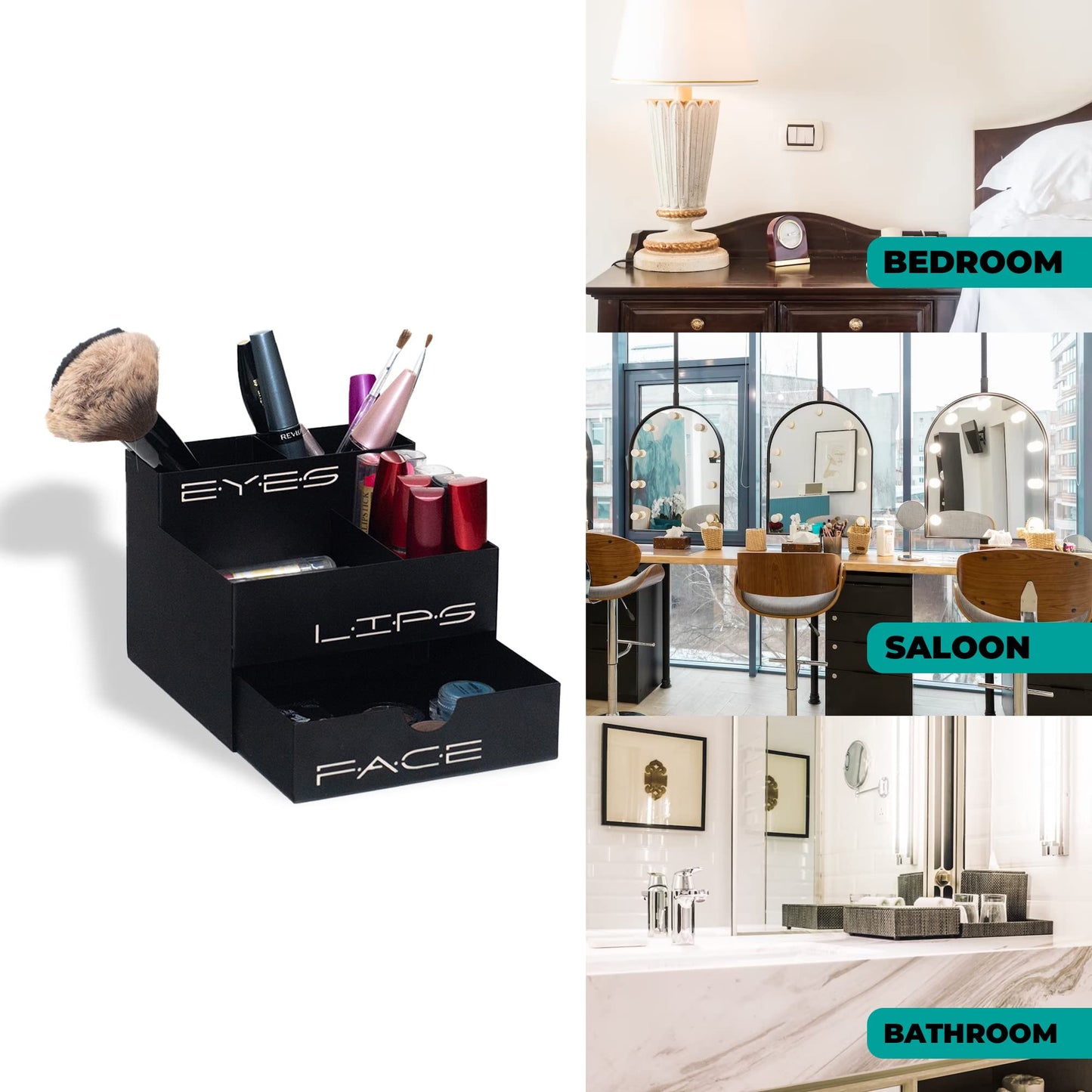 GEGUTON Makeup Organizer Box with Drawer – Steel, Black and Pink, Stylish Design – Stores Products and Accessories, Keeps Vanity Organized, Great Gift for Her – Beauty Collection
