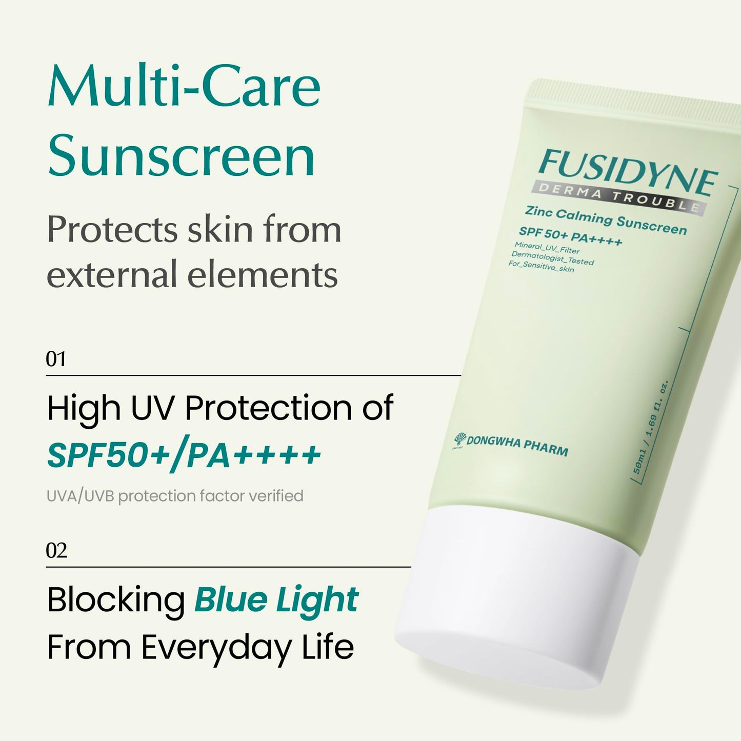 Fusidyne Derma Trouble Zinc Sunscreen SPF 50+ | No White Cast Lightweight Mineral Face Sunscreen for Sensitive & Acne-Prone Skin | Fragrance-Free Broad Spectrum Non-Comedogenic 50ml
