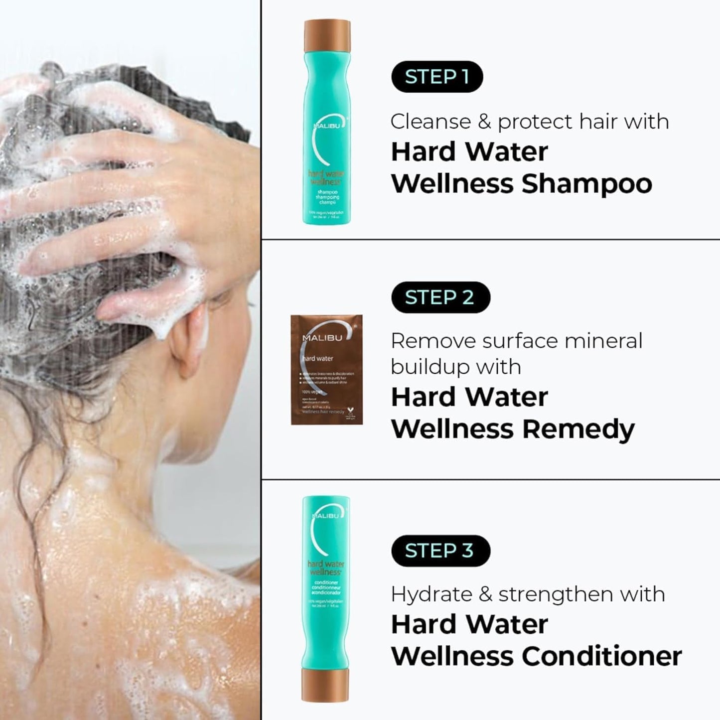 Malibu C Hard Water Wellness Remedy - Hard Water Shampoo, Conditioner & Hair Mask Packets for Removing Deposits and Impurities - Hydrating Hair Care Set (6 Ct)