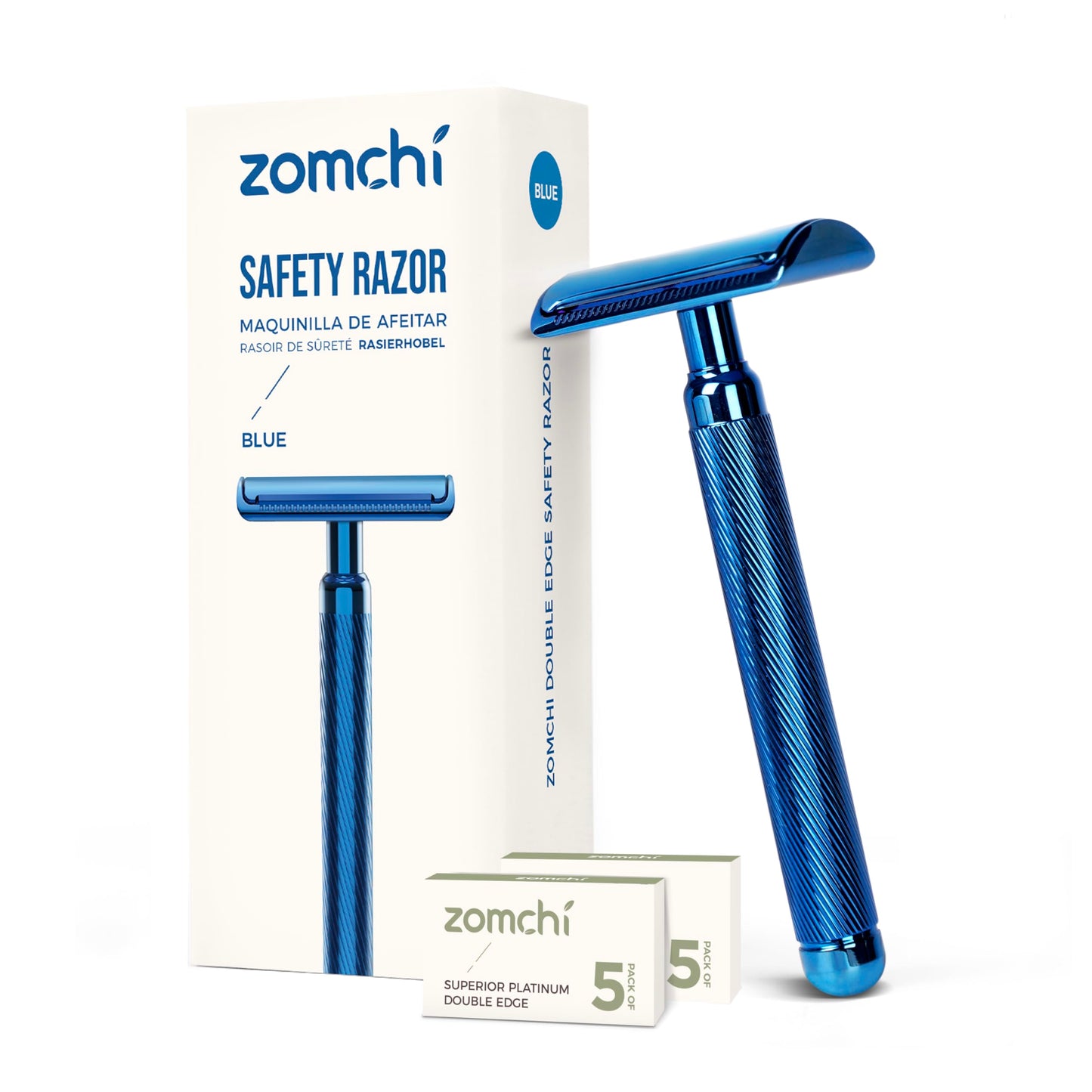 ZOMCHI Double Edge Safety Razor for Men & Women, [New Version 2.0 ] Metal Razor with 10 Double Edge Safety Razor Blades, Single Blade Razor – Noble Blue