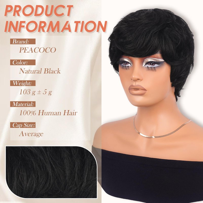 PEACOCO Short Pixie Cut Wig Human Hair for Black Women With Bangs Layered Wavy Wigs Glueless Human Hair Wear and Go Natural Black 1B