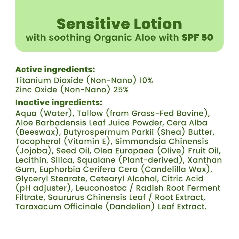 Grass-Fed Tallow Mineral Sunscreen SPF 50 — No White Cast, Non-Nano Zinc Oxide, Reef Safe UVA/UVB, Water Resistant 80 Min, Moisturizing & Soothing with Aloe Vera, Face & Body, 3.4 oz