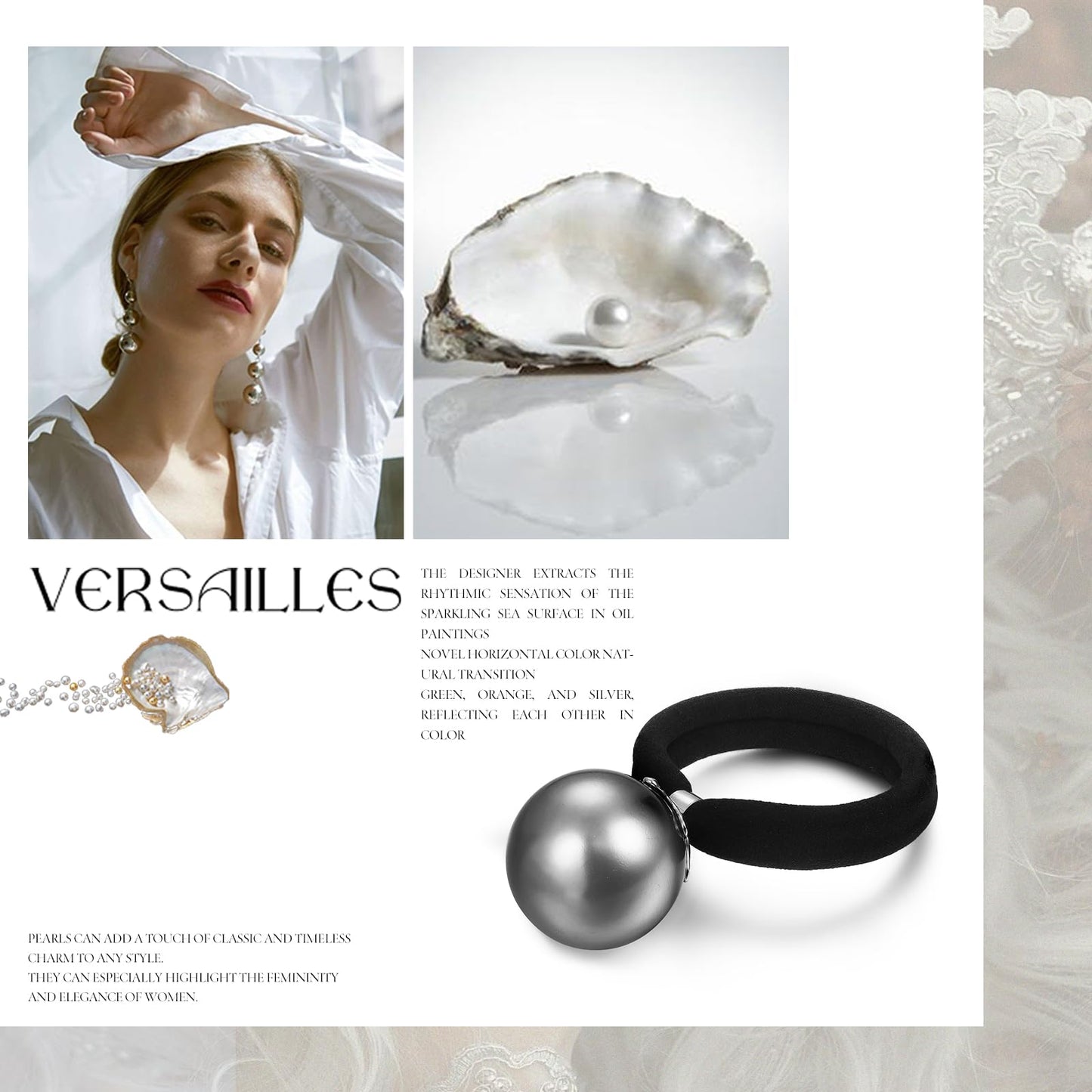 SHE'S Versailles Pearl Hair Scrunchies, Elegant French hair elastics Original Light Luxury Ponytail Holder for Thick and Thin Hair, Elegant Pearl hair ties for women (White)