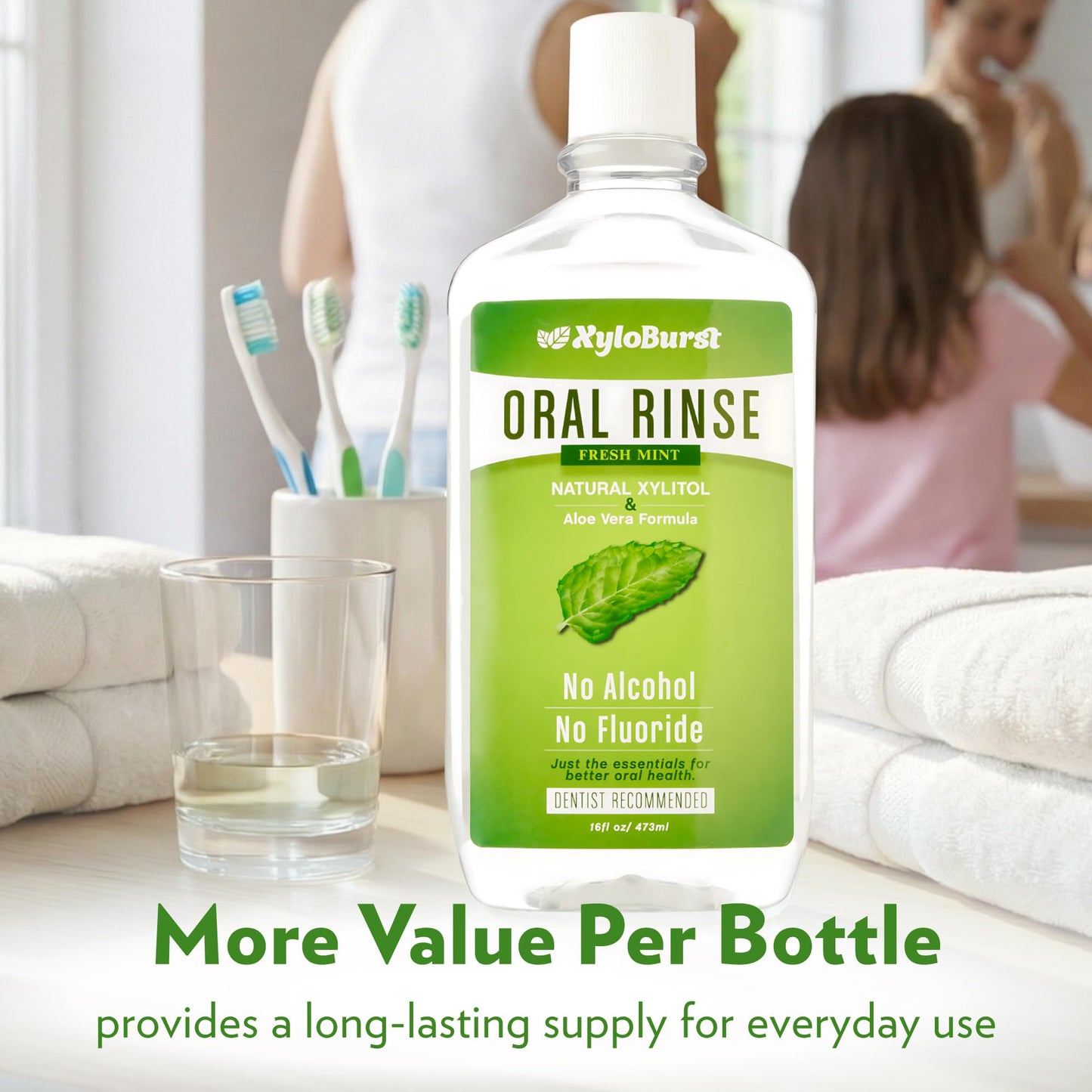 Xyloburst Xylitol Mouthwash, Natural Oral Rinse - Alcohol-Free & Fluoride-Free Mouth Wash, Non Toxic Xylitol Rinse for Fresh Breath, Fresh Mint Flavor, SLS Free, Sugar Free, 3-Pack