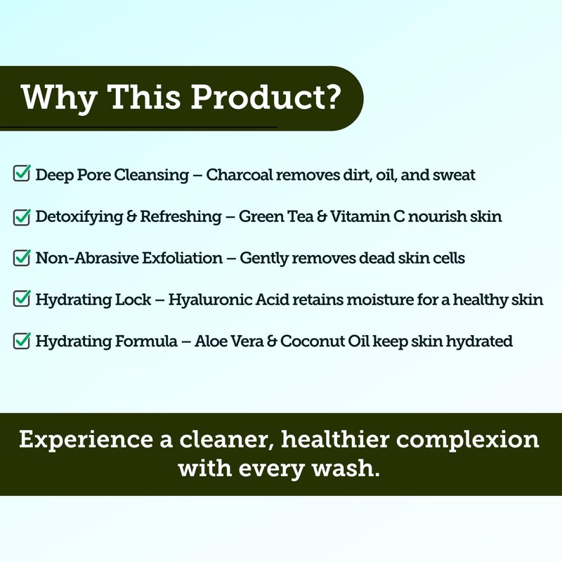 Andre Seals Mens Face Wash | Facial Cleanser with Activated Charcoal, Hyaluronic Acid & Green Tea | Exfoliate, Deep Pore Cleansing & Hydrating Facial Cleanser | Exfoliating Face Wash | Mens Skin Care