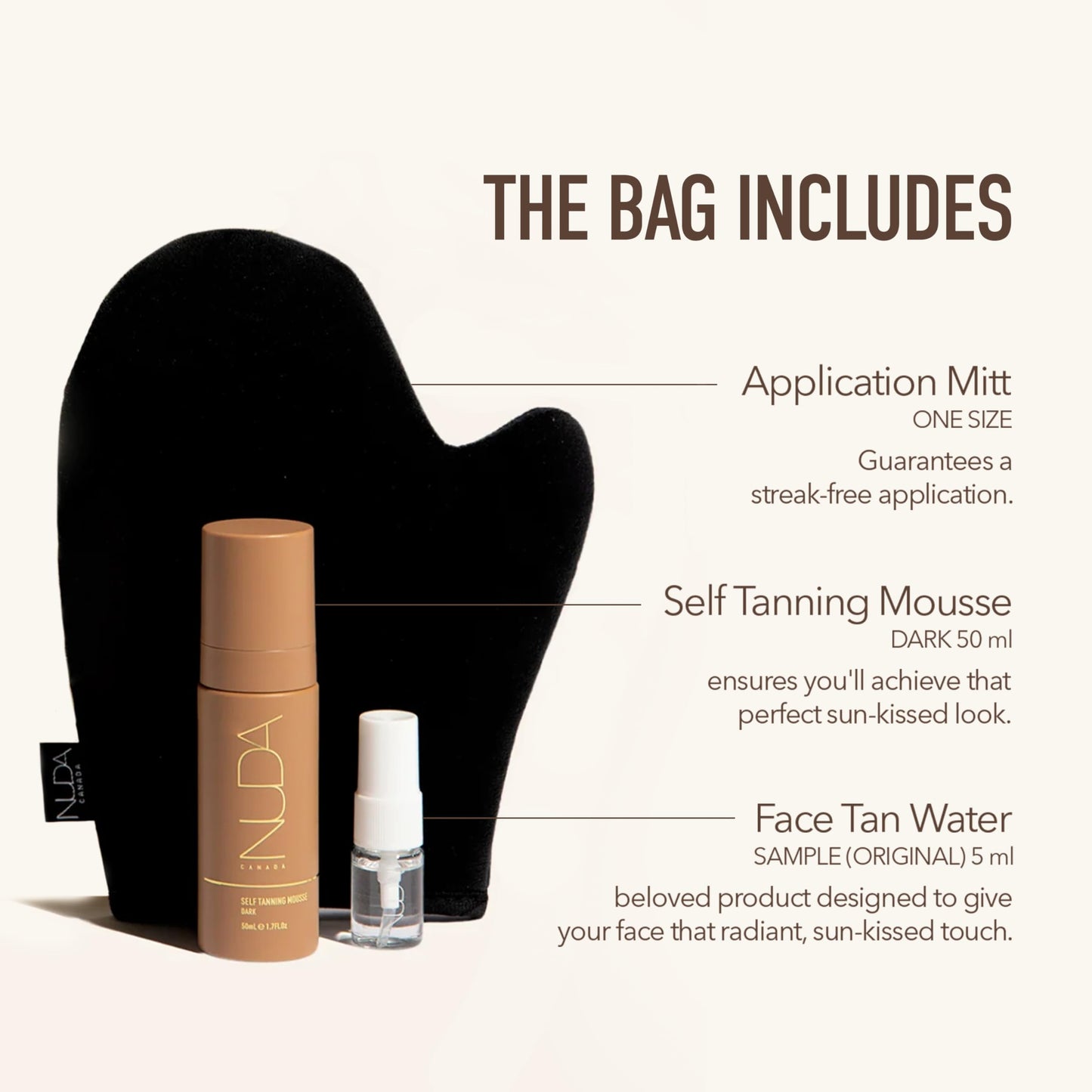Nuda Glow On The Go Self Tan Travel Kit | Includes Self Tanner Mitt,1.69 Fl Oz Dark BronzeFoam Tanning Mousse & 0.19 Fl Oz CloudMist Face Tanner | Streak-Free Application | Head-to-Toe Sun-Kissed Look