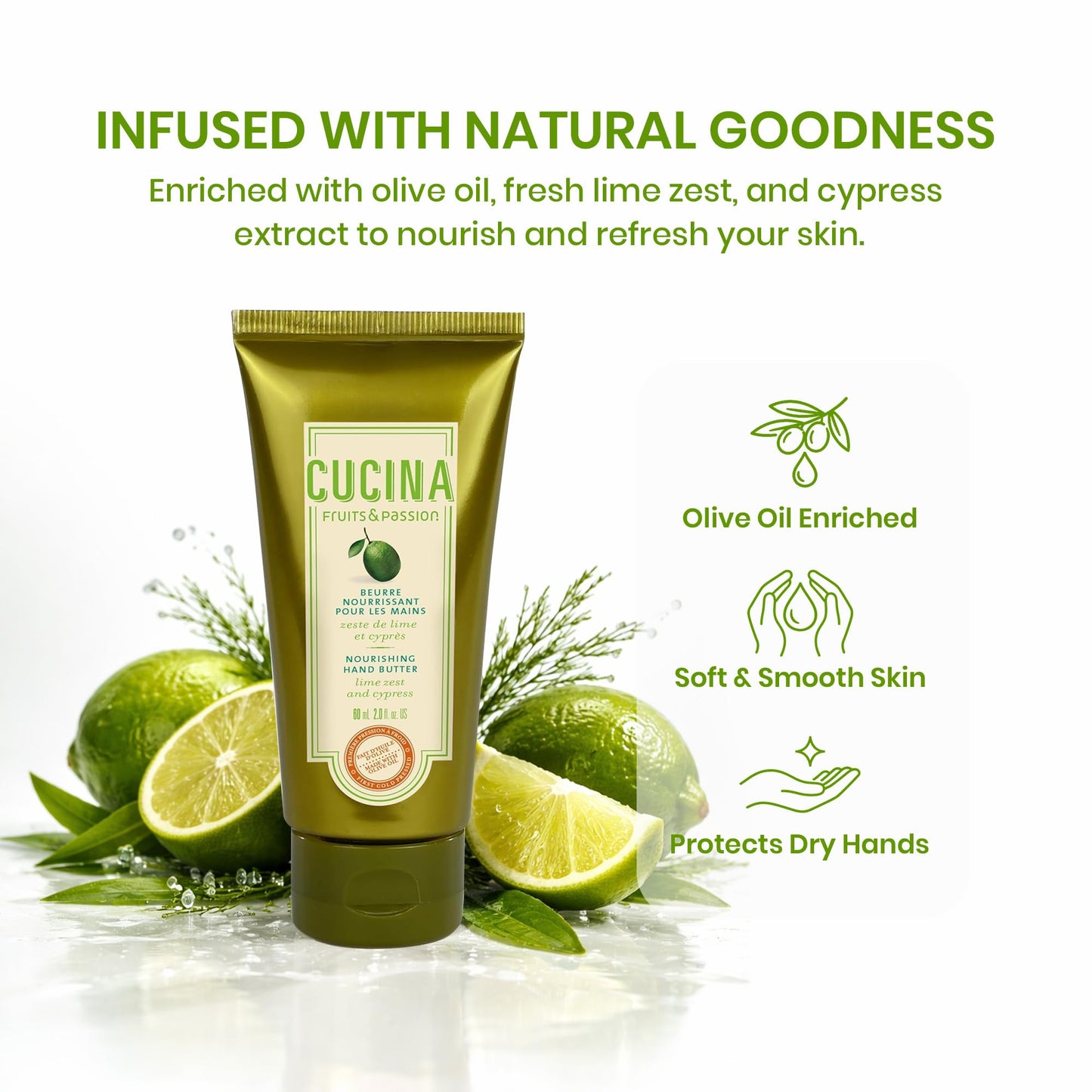 Fruits & Passion Cucina Lime Zest & Cypress Nourishing Hand Butter for Dry Cracked Hands, Rich Natural Formula with Cold-Pressed Olive Oil in Recyclable Jar, 2.0 fl oz