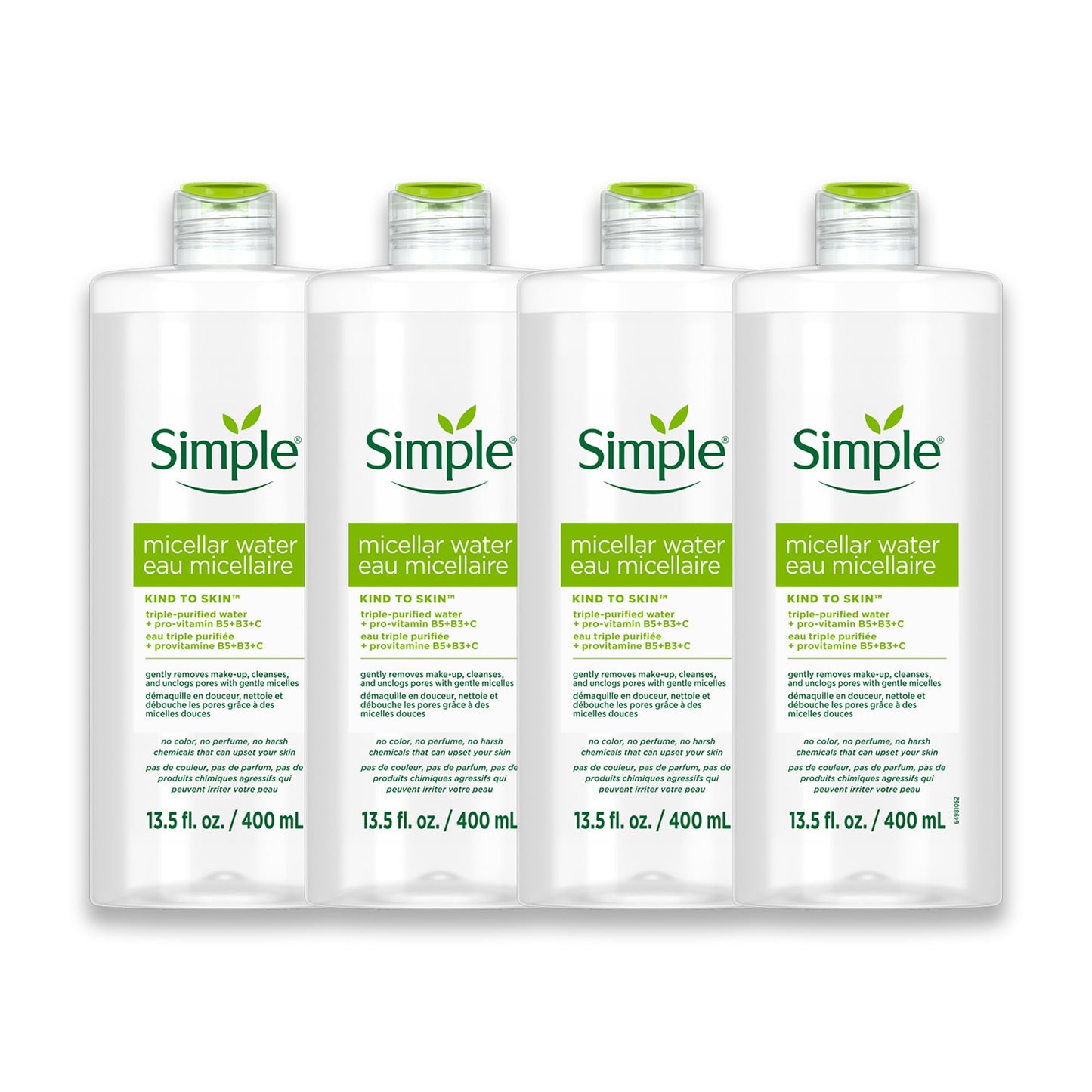Simple Kind To Skin Micellar Water - Makeup Remover and Facial Cleanser - Face Cleanser with Pro-Vitamin B5, B3 and C - Vegan, No Perfumes - 4 pc