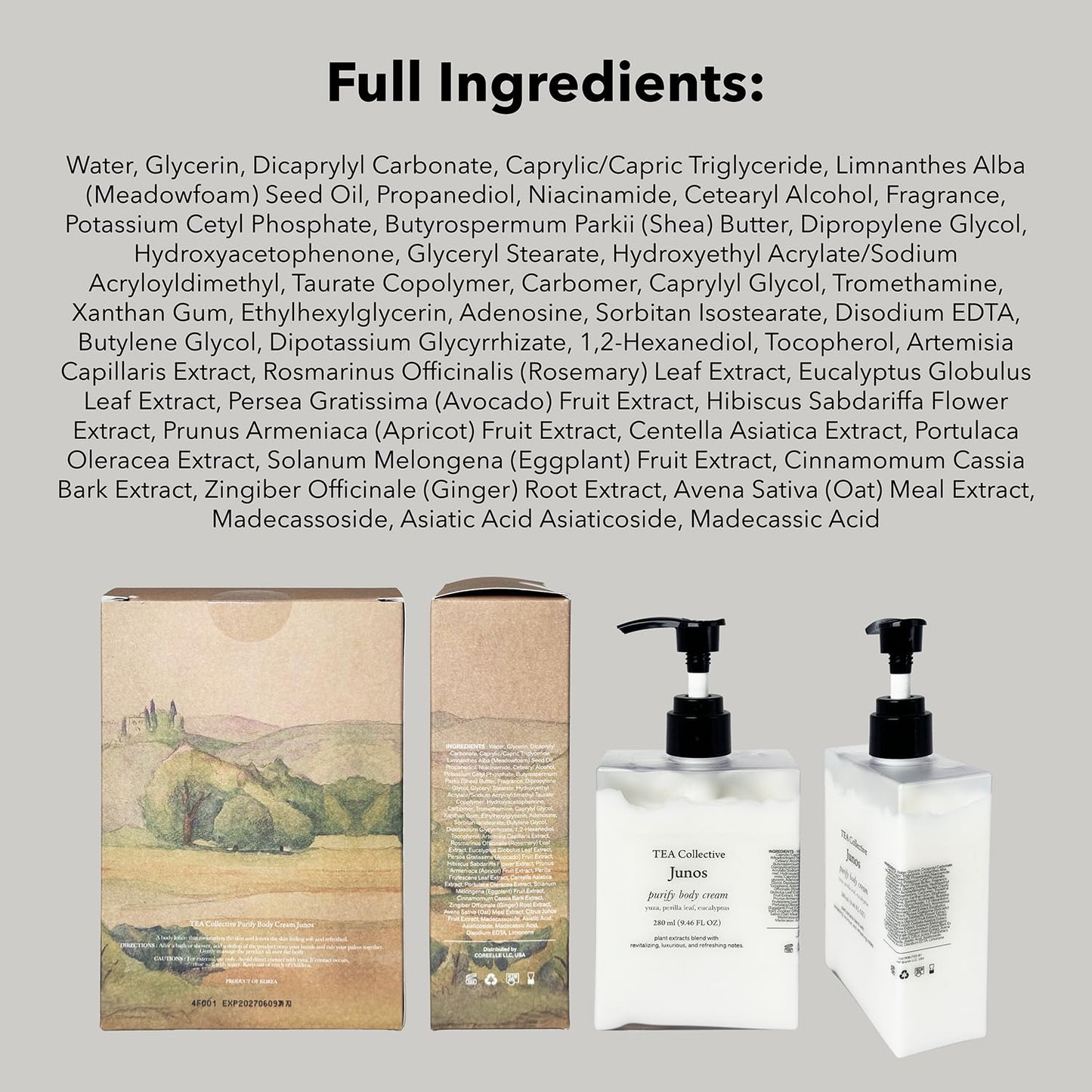 TEA Collective Junos Purify Body Cream | Yuzu, Perilla Leaf, Eucalyptus | 9.46 Fl Oz | Product of Korea