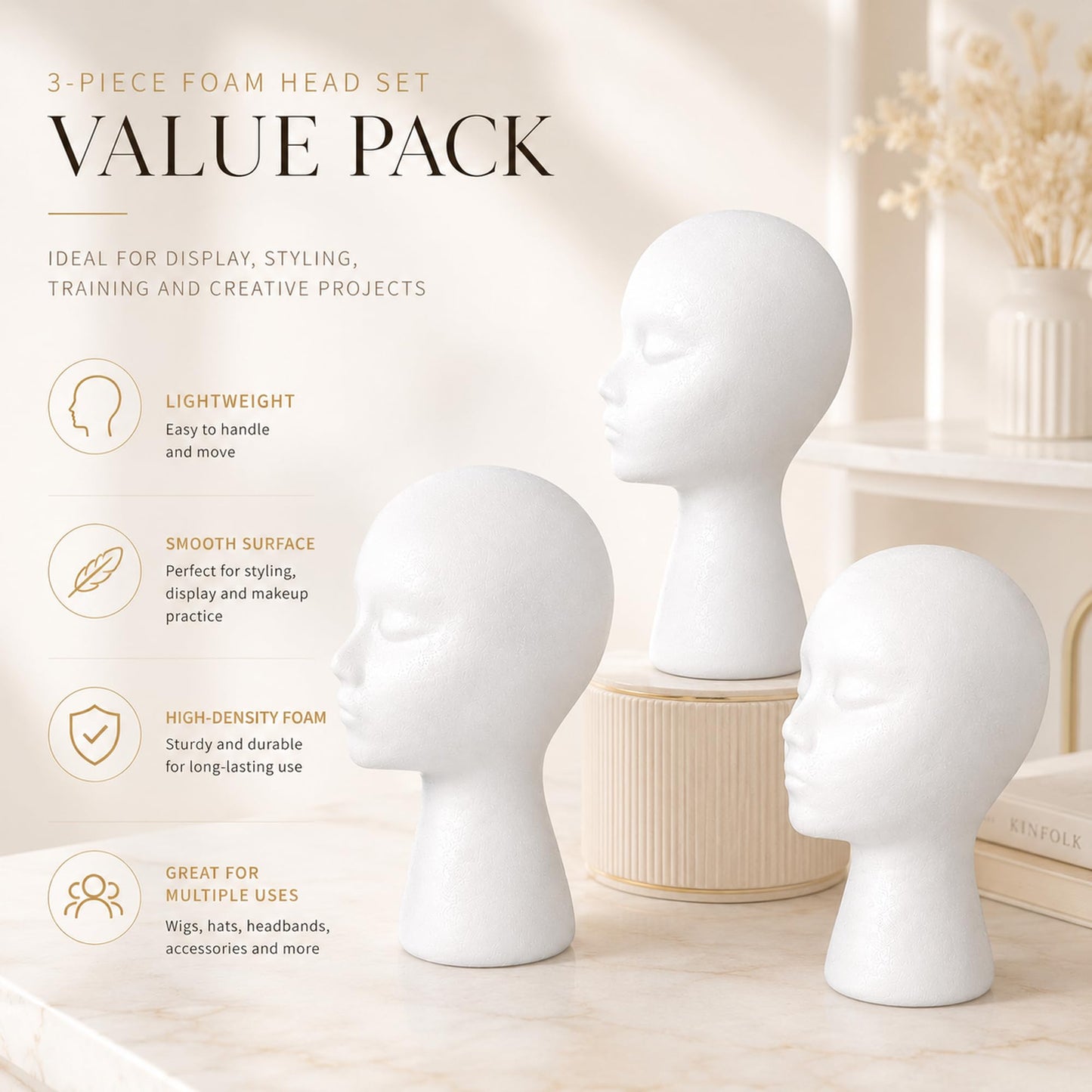 Smilco 11" 3 Pcs Wig Head - Tall Female Foam Mannequin Wig Stand and Holder for Style, Model And Display Hair, Hats and Hairpieces, Mask - for Home, Salon and Travel（3 Pieces）