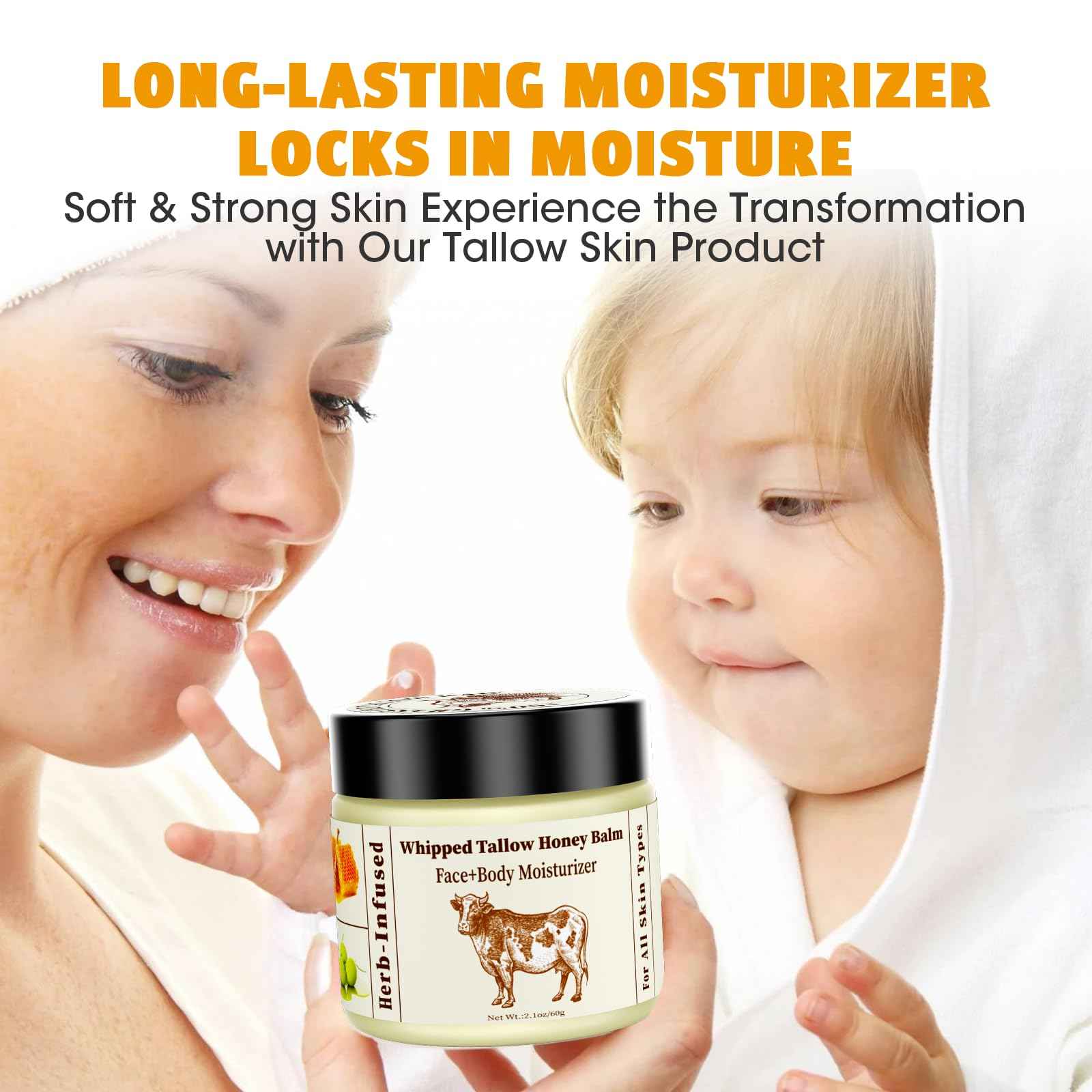 Yayabb Organic Grass-fed Whipped Beef Tallow Balm With Raw Honey Beef Tallow and Honey Balm for Skin Face Natural Moisturizer Body Lotion, Skin Care Lip (2.10Oz)