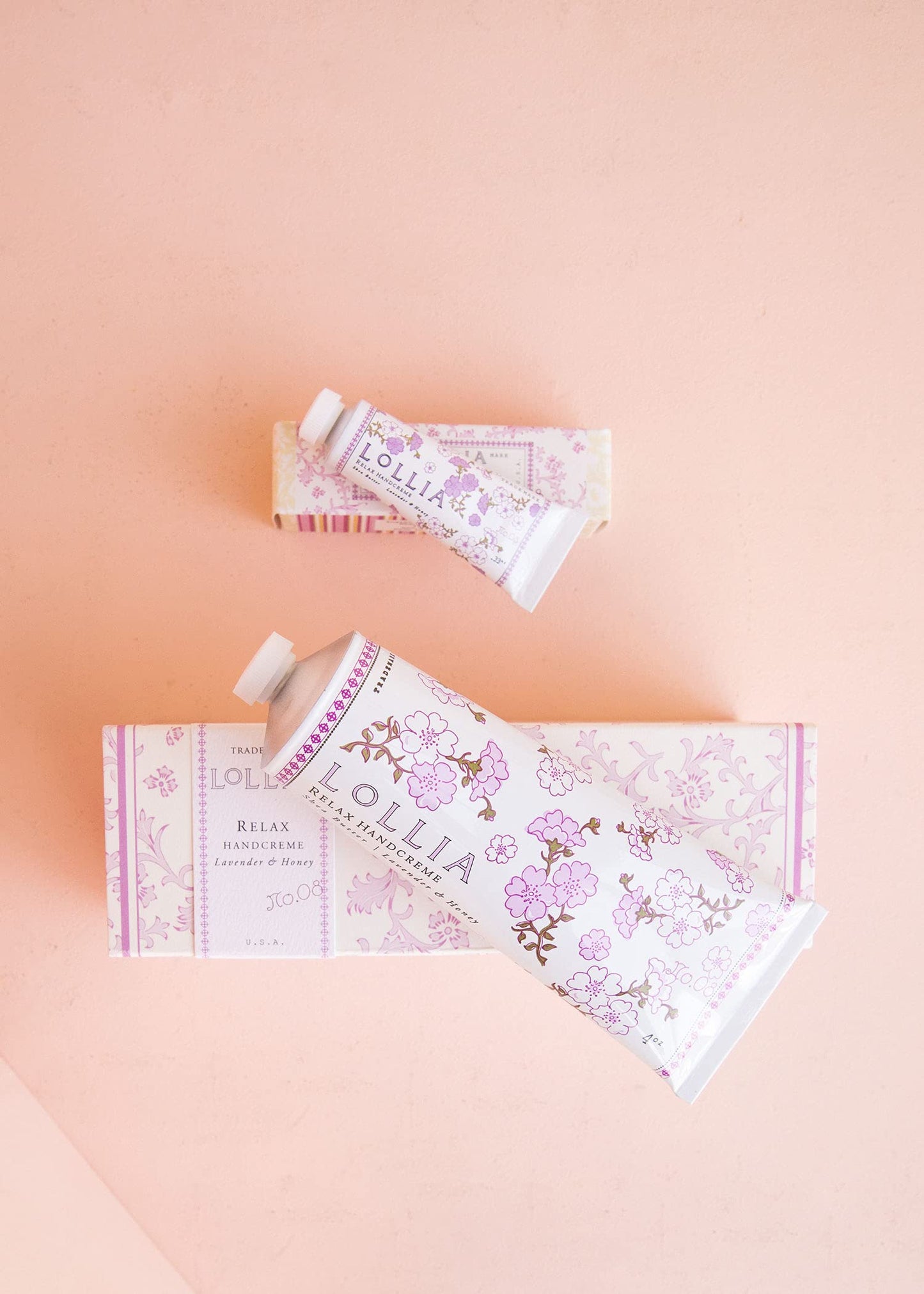 LOLLIA Relax Handcreme Bundle, 4 oz. & .33 oz. – Lavender & Honey – Scented Hand Cream for Women, Moisturizing Hand for Dry Hands, Shea & Cocoa Butter, Quick Absorbing Lotion, Travel Lotion