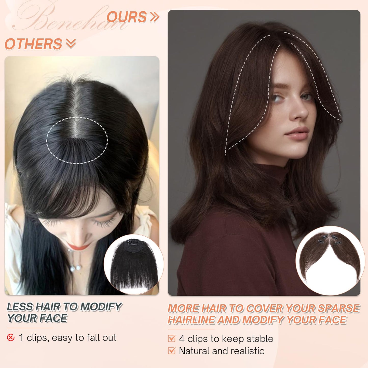 Benehair Clip on Bangs for Women Human Hair, Fake Bangs Clip Human hair, Middle Part Clip in Hair Extensions Hair Pieces with Temples for Daily Wear (Dark Brown)