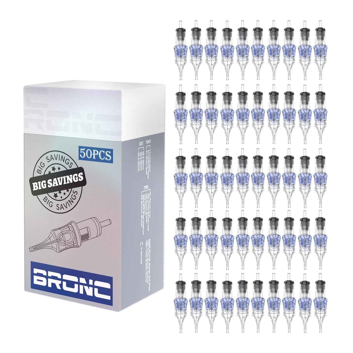 BRONC 50PCS Tattoo Cartridge Needles 1009RL - 9RL #10 Bugpin 0.30mm 9 Round Liner Disposable Tattoo Needles for Rotary Tattoo Machines