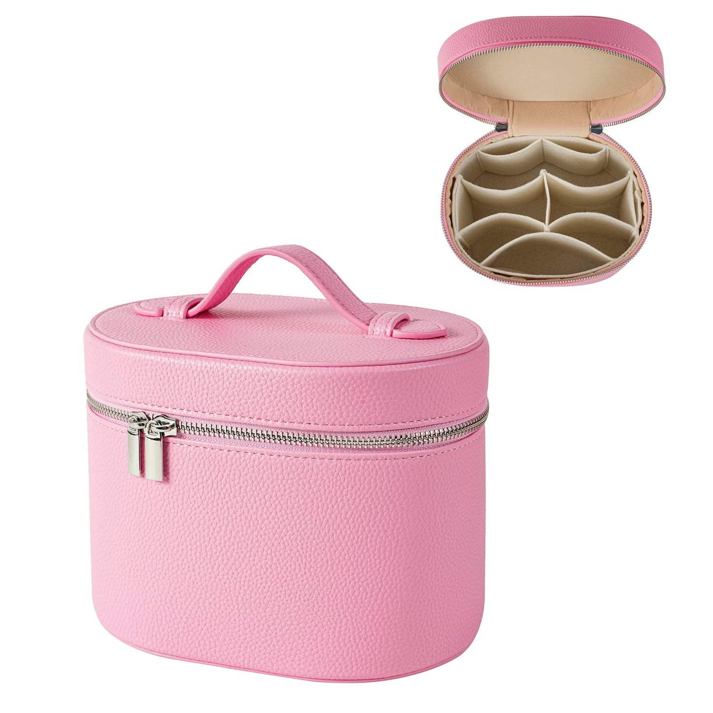 RSRSLEII Pink Aesthetic Makeup Bag, Travel Makeup Vanity Case with Divider and Handle, Waterproof PU Leather Cosmetic Organizer Bag, Portable Toiletry Bag for Women(02Pink)