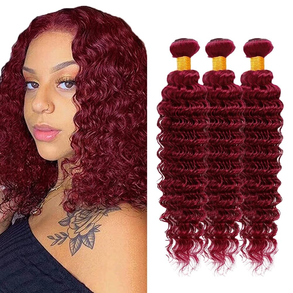 Burgundy 99J Human Hair Bundles - Deep Wave 10, 12, 14 Inch | Raw Unprocessed Virgin Hair for Black Women