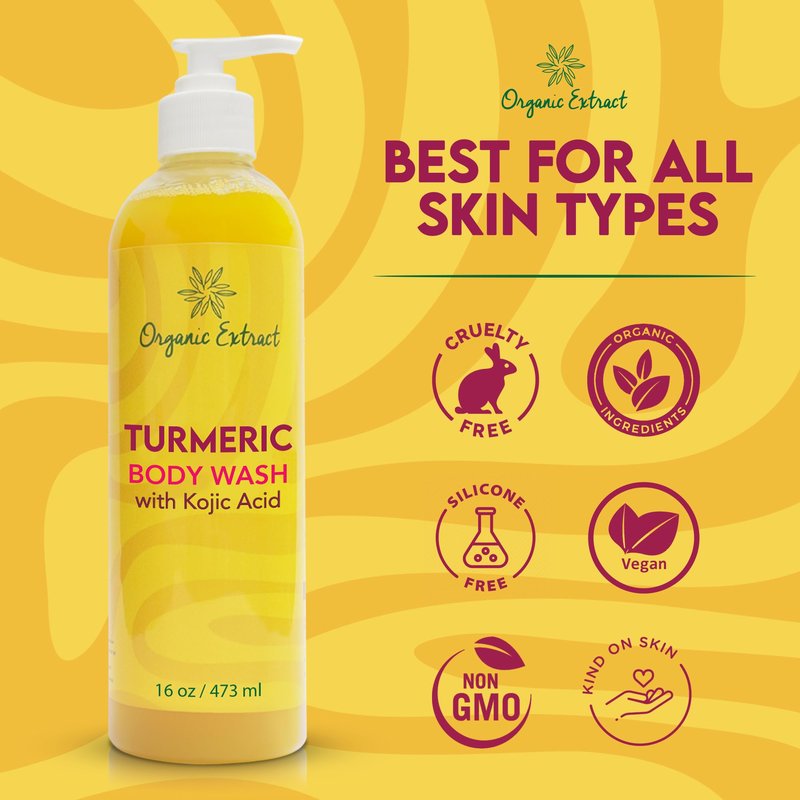 ORGANIC EXTRACT, Turmeric Kojic Acid Body Wash – 16 fl oz / 473ml – Skin Brightening Shower Gel for Deep Gentle Moisturizer, Helps to Remove Dark Spot, with Shea Butter & Aloe Vera