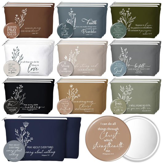 Reginary 30 Set Christian Gifts for Women Bulk 30 Religious Canvas Makeup Bags 30 Bible Verse Compact Mirrors Church Inspirational Appreciation Gifts for Mom Clergy(Neutral Colors,Aesthetic Style)